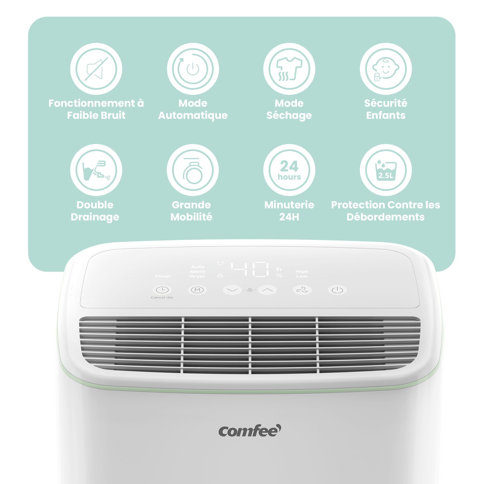 COMFEE' Déshumidificateur Compact, Absorbe jusqu'à 12L/jour, Mode silencieux, sécurité enfant, Minuterie 24H, Réservoir 2,5L, pour pièce de 20-35㎡, Aqua Dry 12