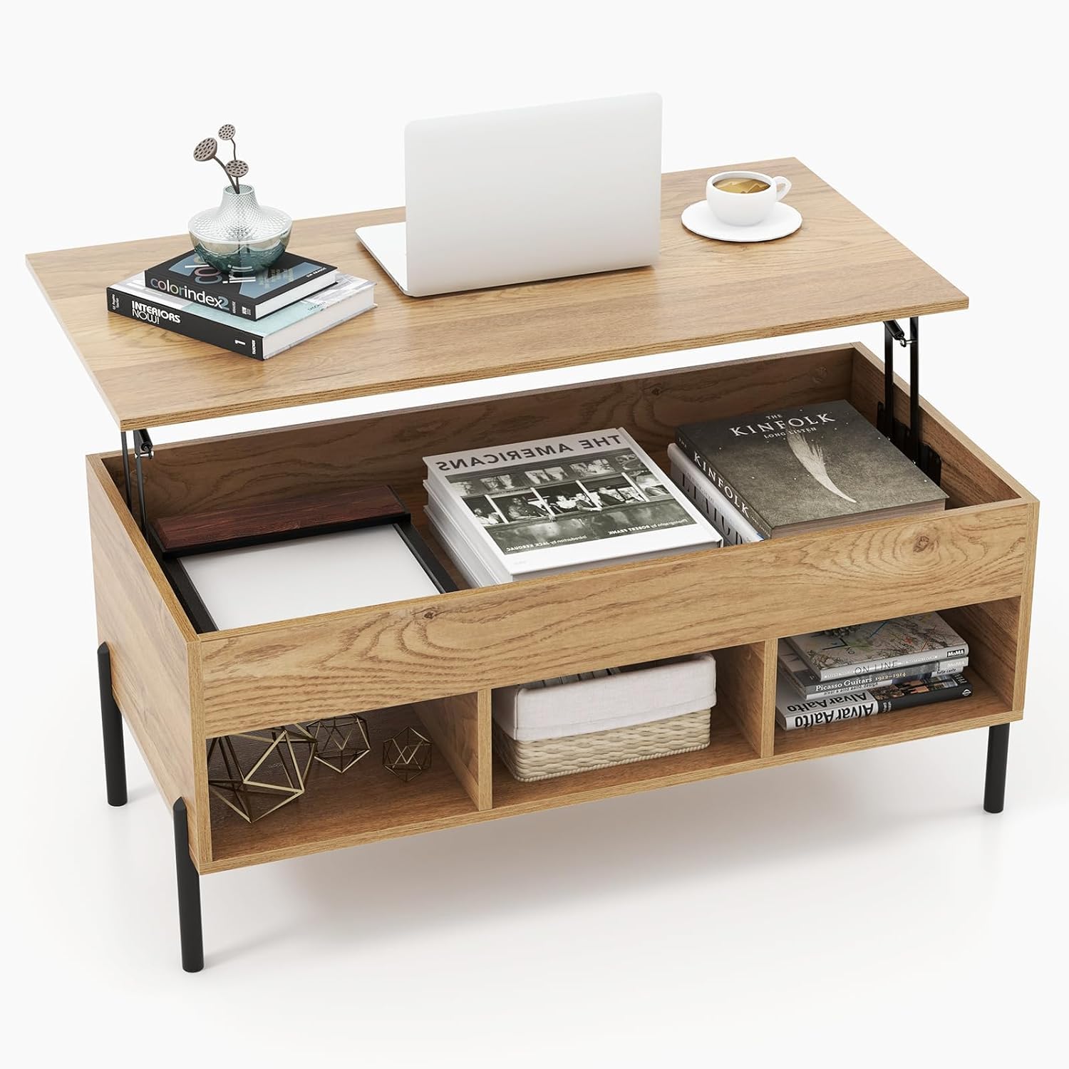 GIANTEX Mesa de Centro con Tablero Elevable y Patas de Metal, Mesa de Café con Compartimento de Almacenamiento Oculto y 3 Cubos Abiertos, Mesita Multifuncional para Salón, Oficina (Natural)