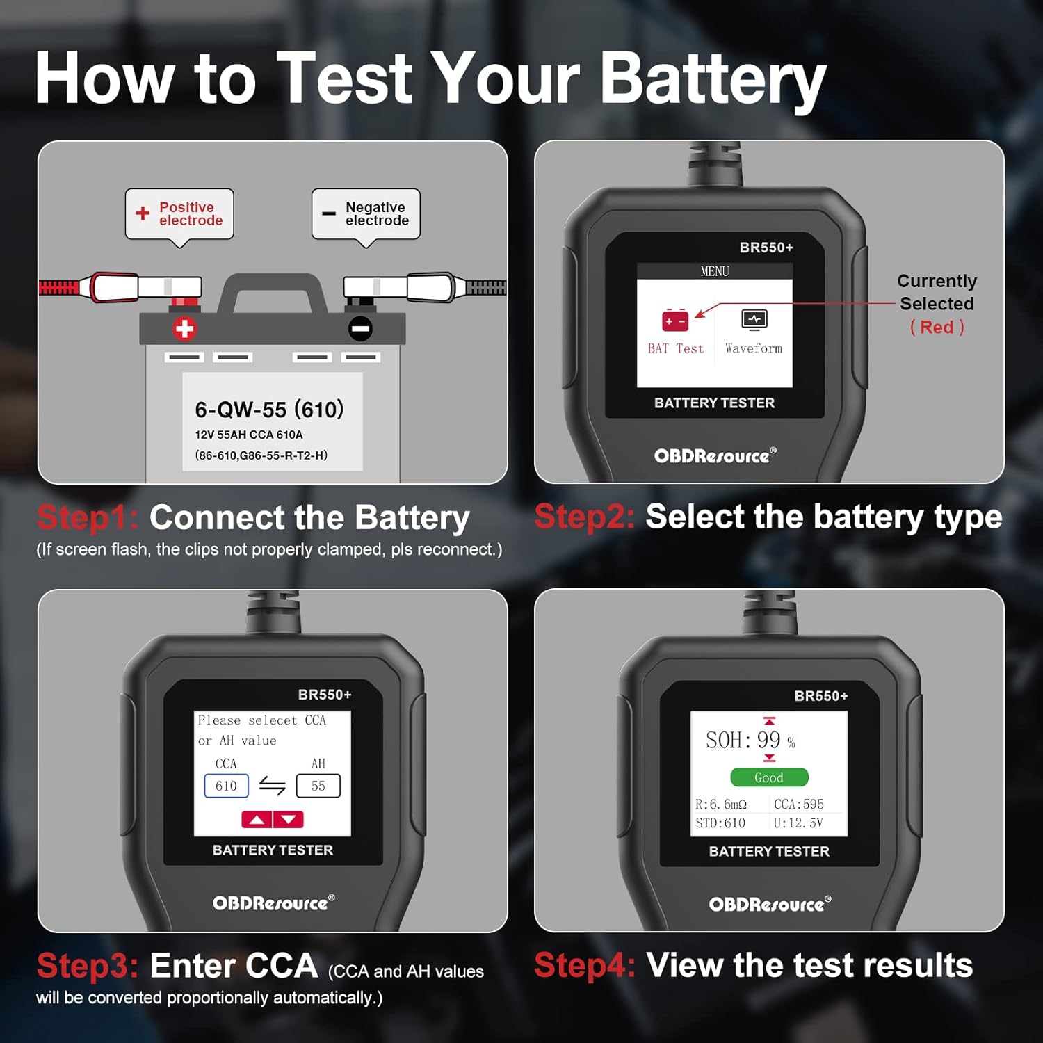Car Battery Tester 6V 12V 24V Battery Voltage Tester, BR550 100-2000 CCA 2Ah-220Ah Internal Resistance Tester Automotive Alternator Digital Battery Analyzer for Car Truck Marine Motorcycle SUV Boat