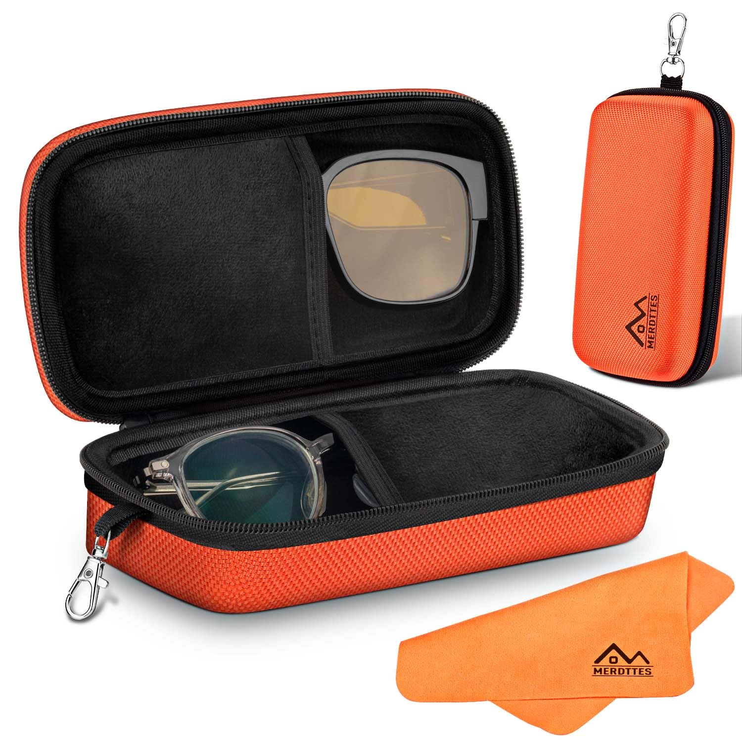Large Double Eyeglasses Case Shockproof Hard EVA Shell Dual Sunglasses Organizer with Zipper Metal Hanging Hook Travel Glasses