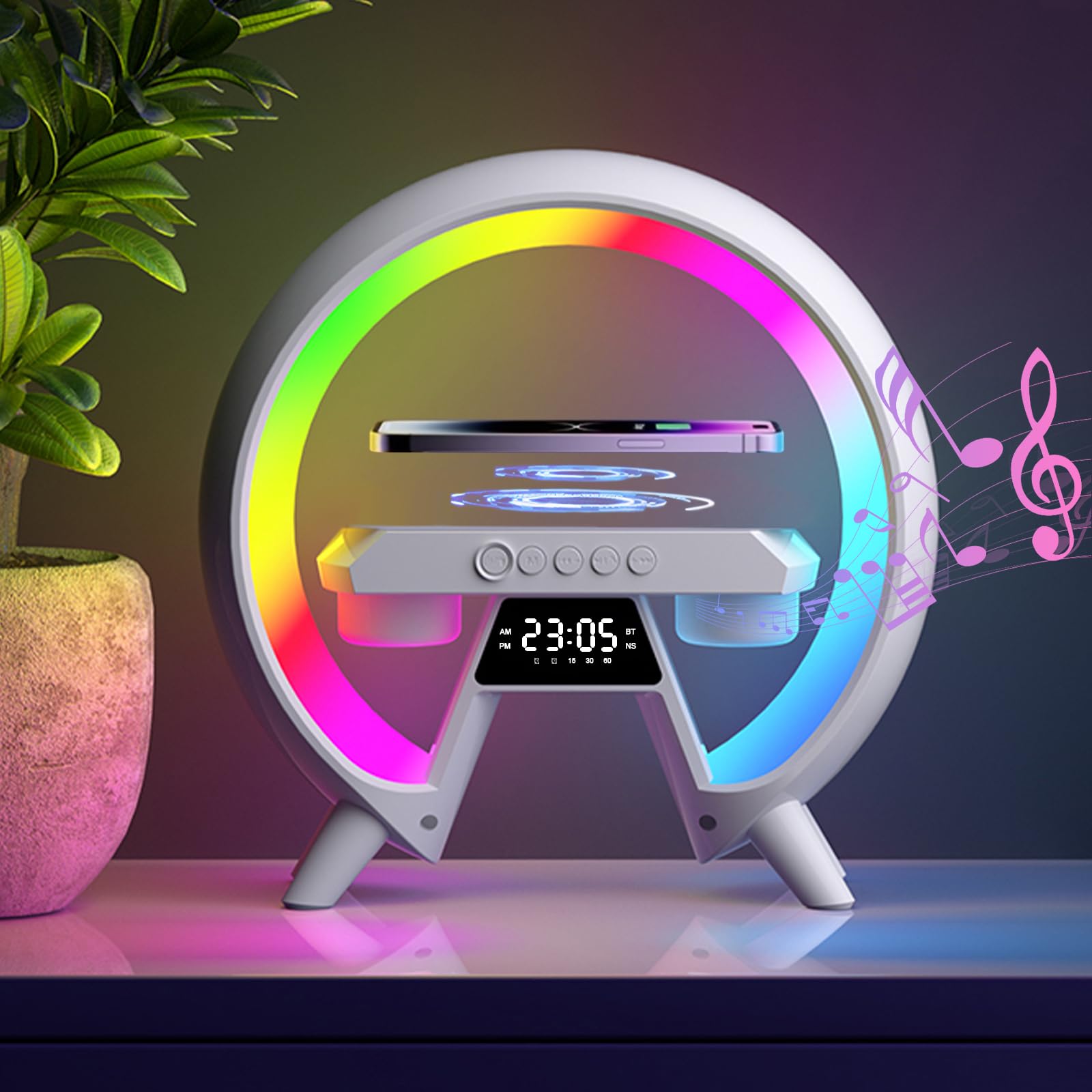 Strackvial Multifunction Bluetooth Speaker with RGB Mood Lights & Large Numbers LED Display 10W Qi Wireless Charger, Bluetooth 5.3, TWS Paring, AUX/TF Card, for Home Office Desk, Present (White G, 3)