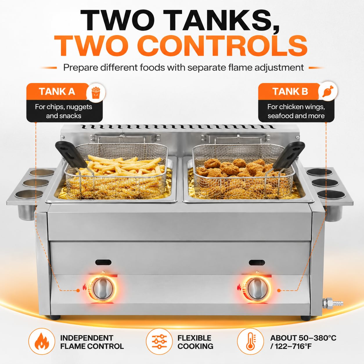 Freidora doble de gas, 2 x 6 l, acero inoxidable, cesta extraíble, control de temperatura independiente, freidora de grasa con vaso de especias para uso comercial y privado