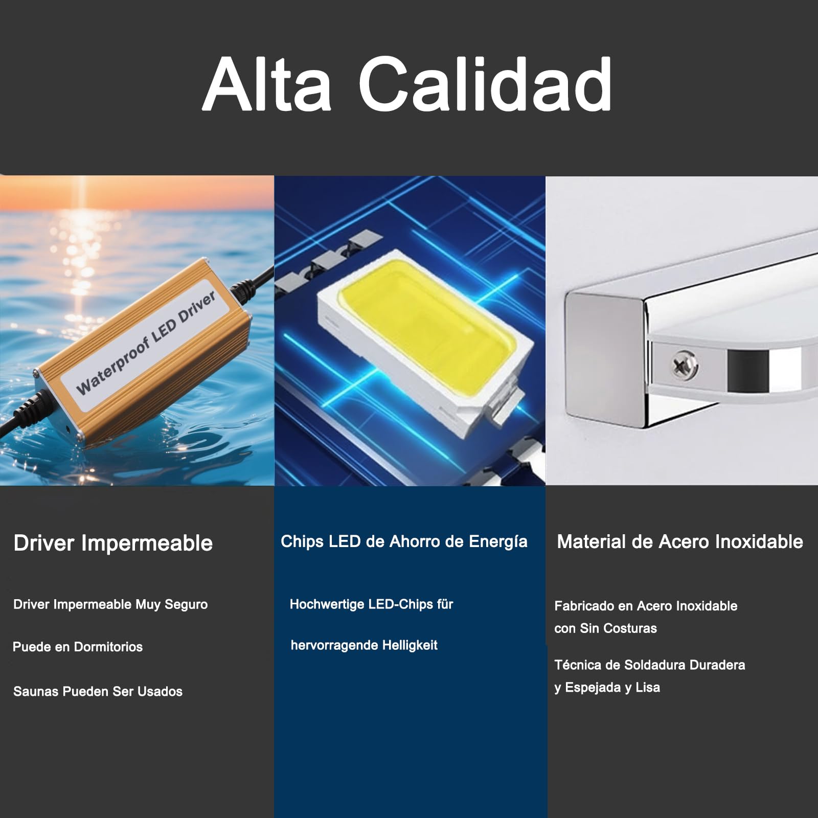 Aplique Espejo Baño 42cm,IP44 Impermeable,Blanco Frío 6000K | Lampara Espejo Baño con Interruptor Luz Espejo Baño 9W 230V Aplique Luz Espejo Baño de Aluminio