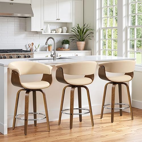 Taburetes de bar giratorios con patas de madera de madera de nogal bentado, altura de barra de 28.7 pulgadas, taburetes de bar tapizados de piel