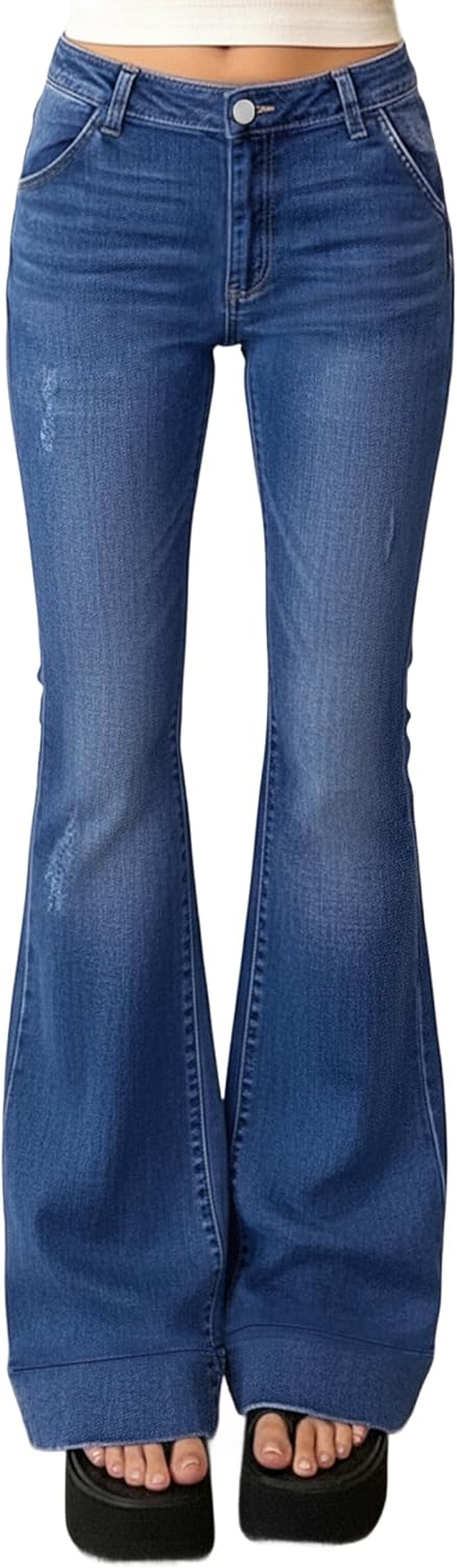 EMMIOL Women Mid-High Waisted Flare Jeans Y2K 90s Vintage Stretchy Bootcut Wide Leg Denim Pants Bell Bottom