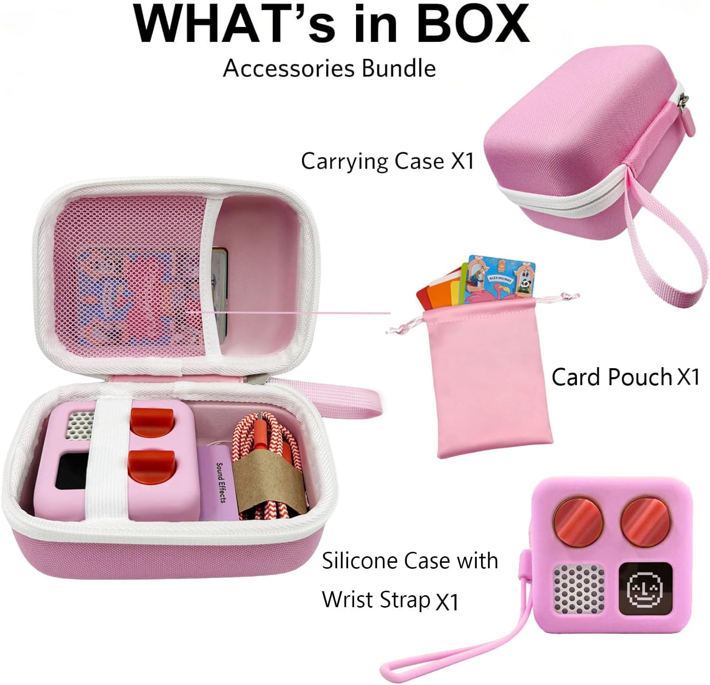 Hard Carrying Case and Silicone Cover for Yoto Mini, Protective Travel Carrier for Kids and Adventure Jacket with Card Pouch 3 in 1 Accessories Set for Yoto Mini Player, Pink