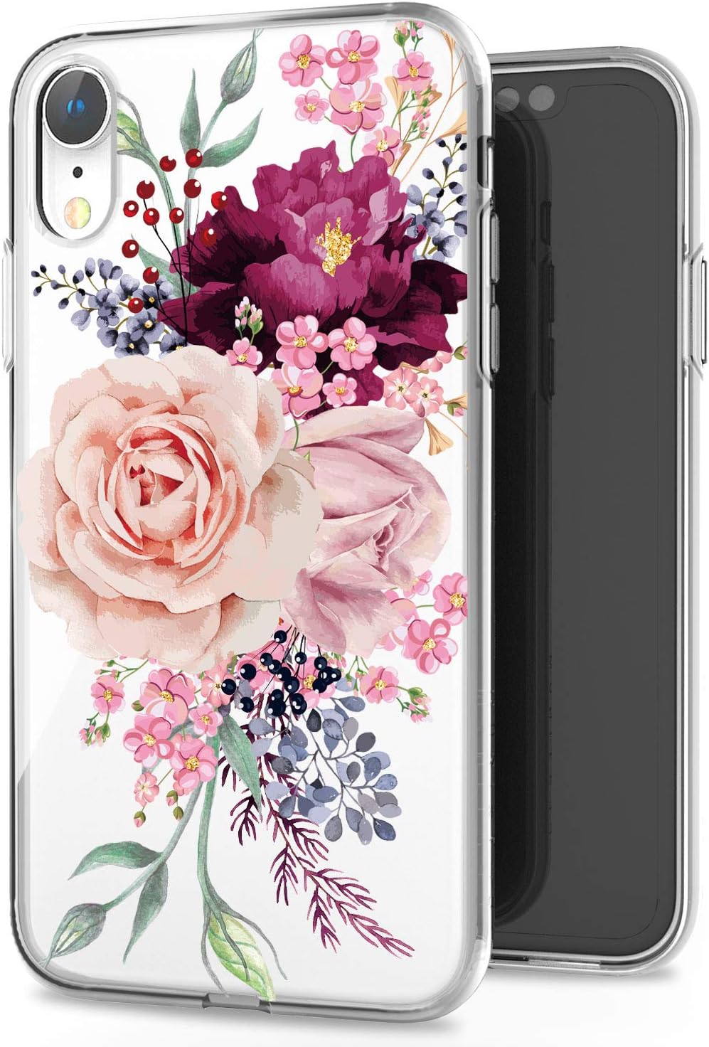 JAHOLAN iPhone XR Case Clear TPU Soft Slim Flexible Silicone Cover Girls Flower Design Cute Phone Case for iPhone XR - Pink Rose Flower
