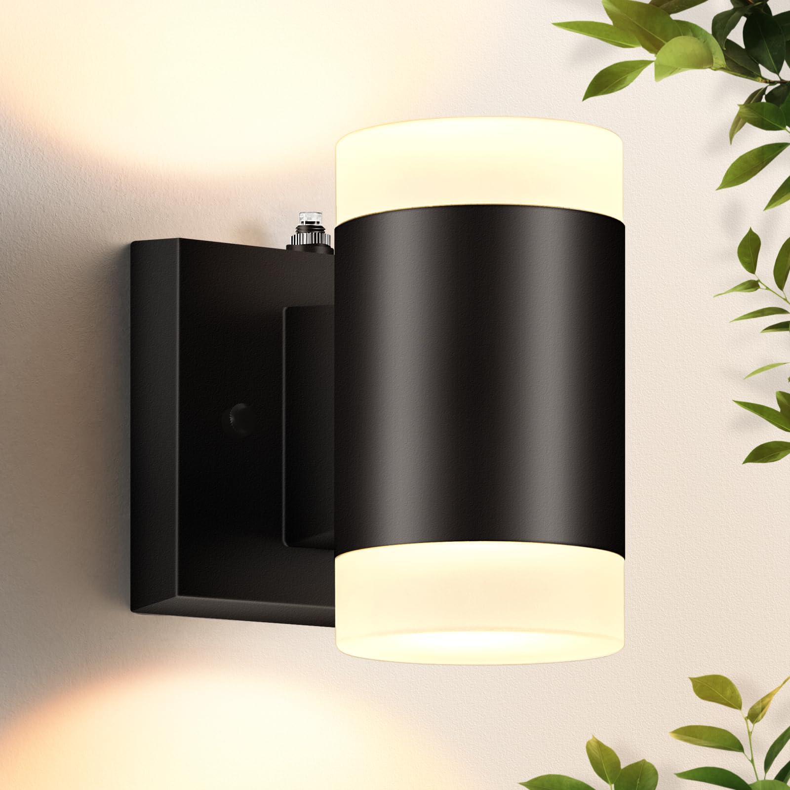 VIANIS Outdoor Wall Sconce, Matte Black Exterior Lighting Fixtures for House, Dusk to Dawn Outside Garage Light Wall Mount, Modern Cylinder Front Porch Lights Integrated 10W Dual LED Wall Lamp