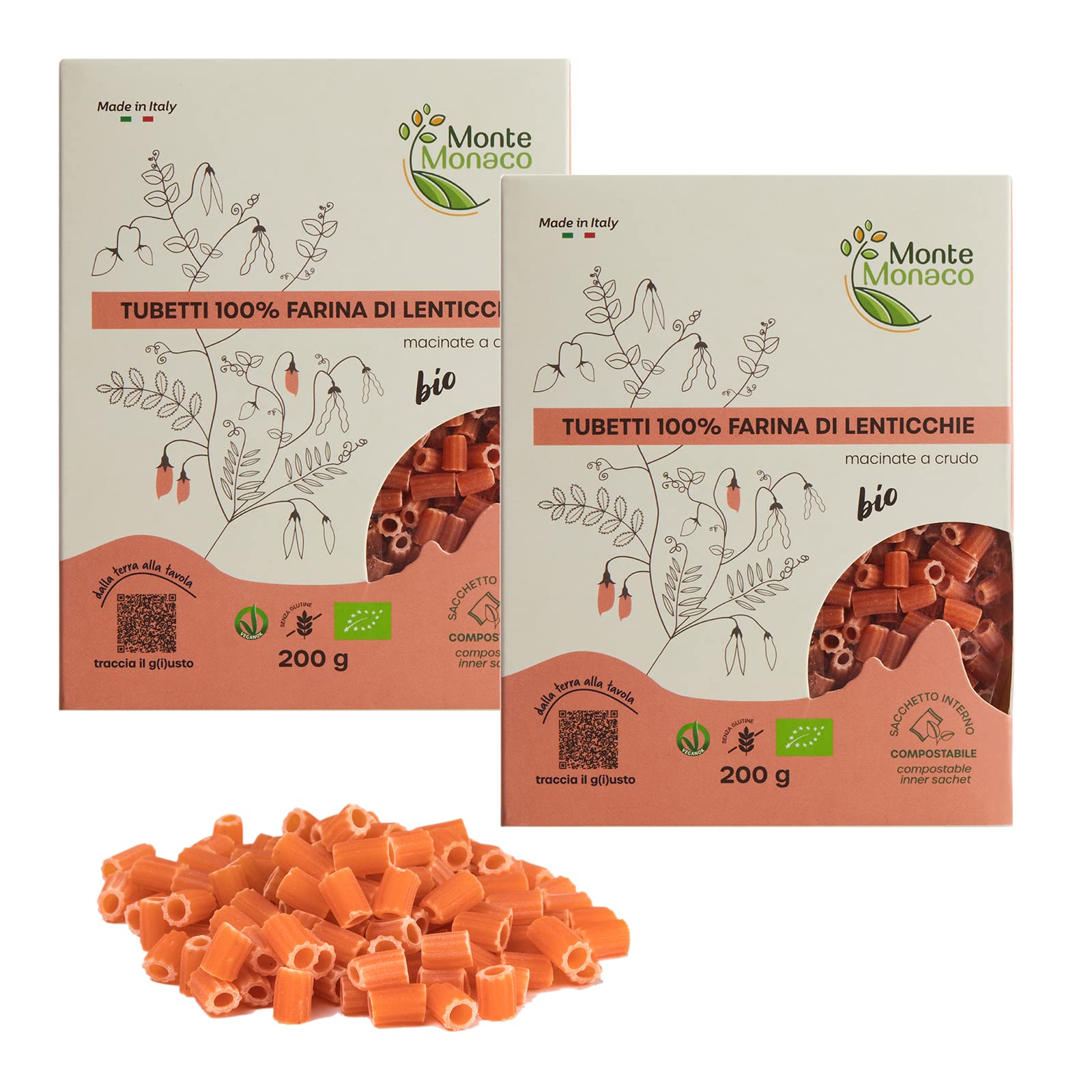 Monte Monaco - Bipacco Minestrine Pasta di legumi 100% Farina di Lenticchie BIO, pasta proteica e naturalmente senza glutine, 2 x 200 gr