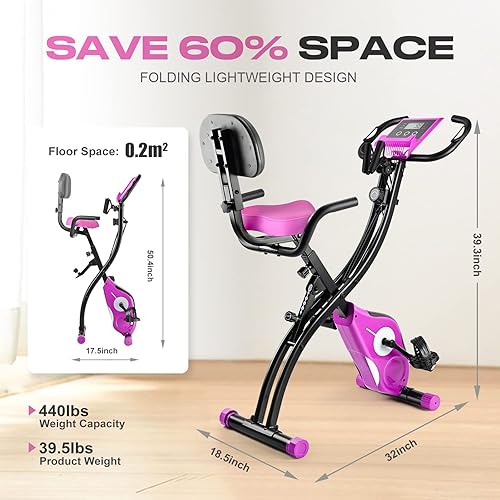 Miniatura 6 de Bicicleta estática plegable portátil vertical con respaldo ajustable para ciclismo, bicicleta estacionaria reclinada, entrenamiento en interiores