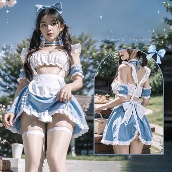 YOMORIO Anime Maid Uniform Cute Bule White Tartan Lingerie Sexy Cosplay Costume (Alice Blue)