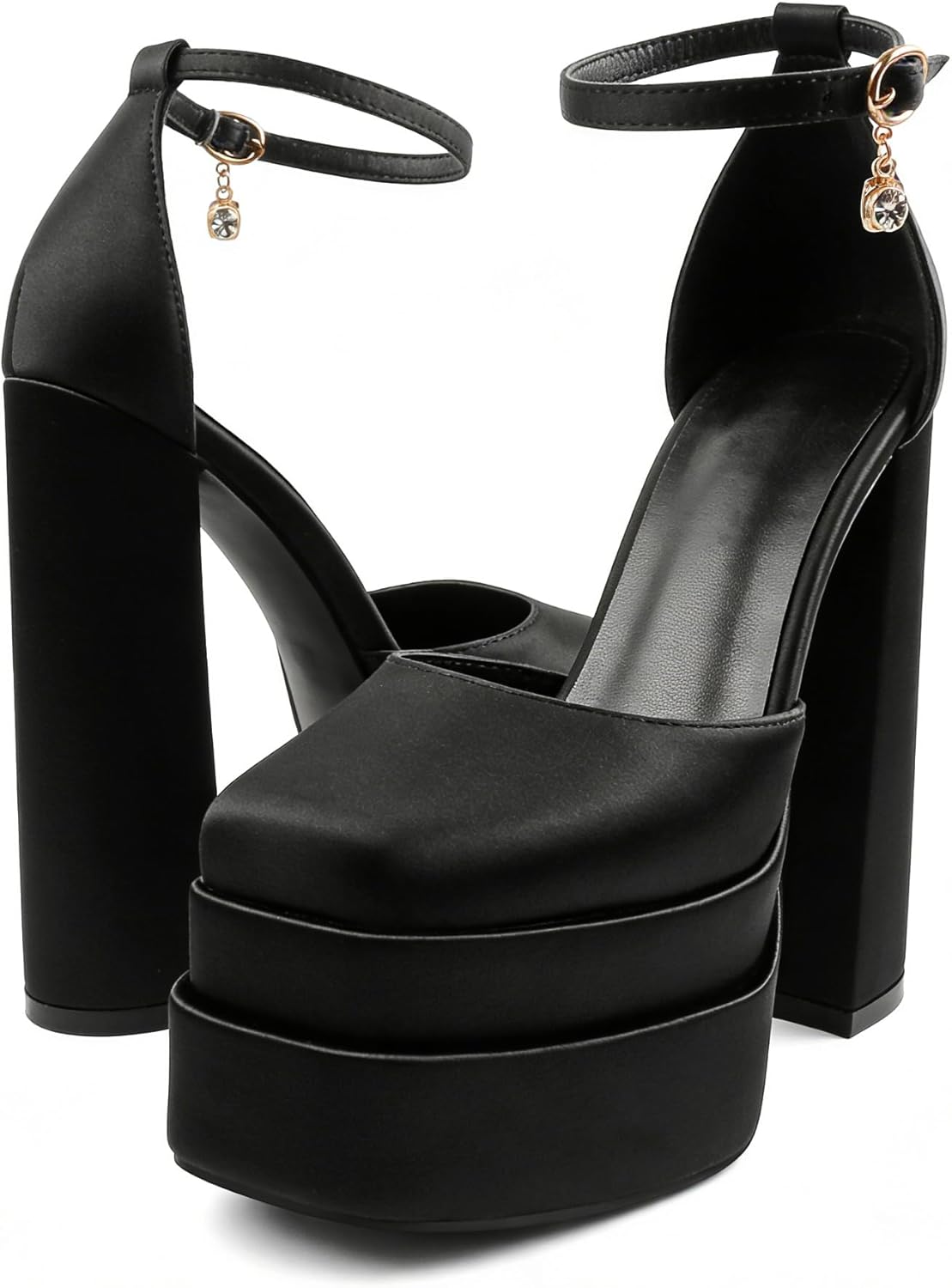 MERUMOTE Womens Sexy High Heels Platforms Pumps Square Toe Chunky Block Heels Rhinestone Party Shoes