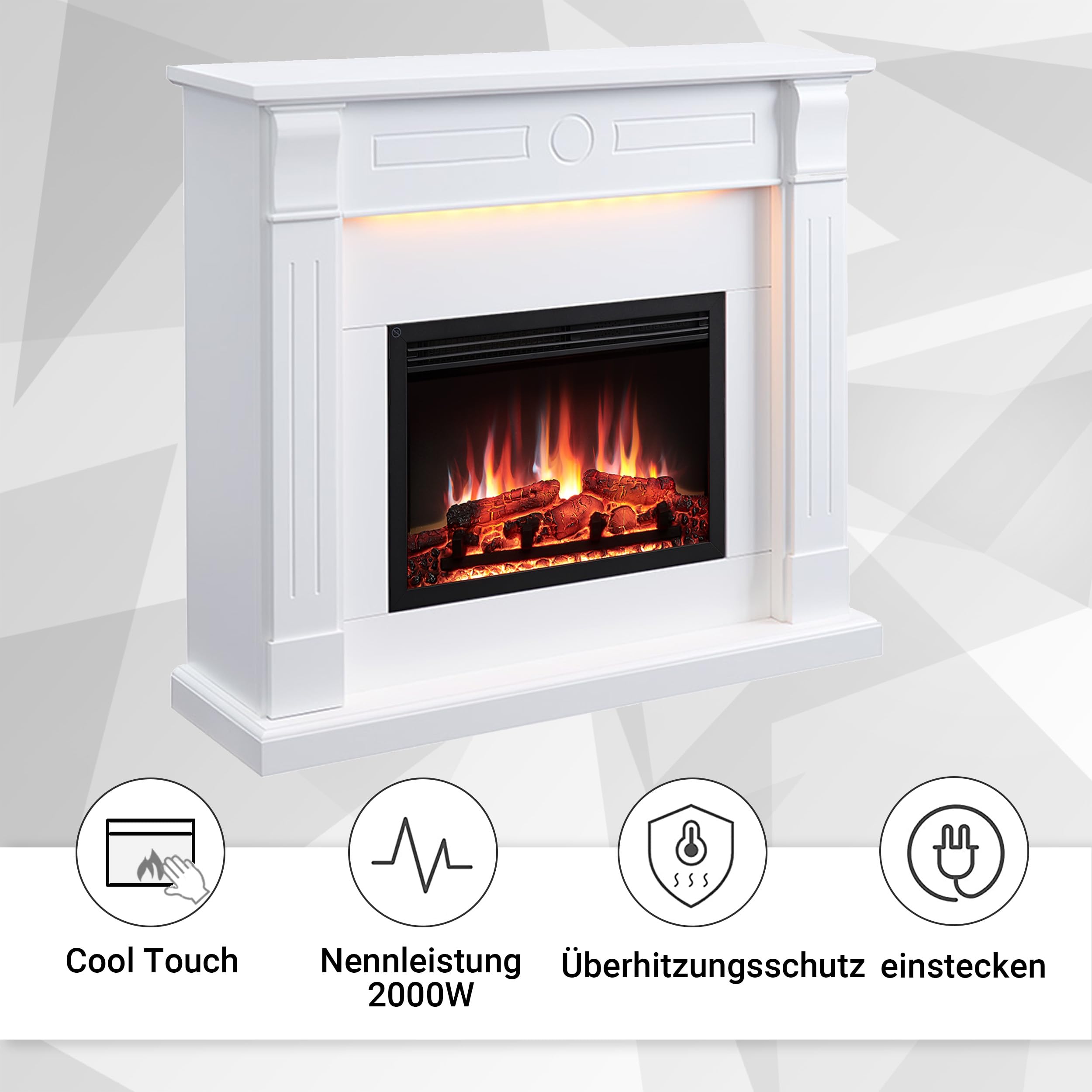 Elektrokamin BALDERIA Hikaru - Standkamin mit Heizung bis 2000W, 3D-Flammeneffekt, LED-Beleuchtung, Knister-Sound, App-Steuerung, WiFi, Fernbedienung, Timer, Thermostat - Weiß