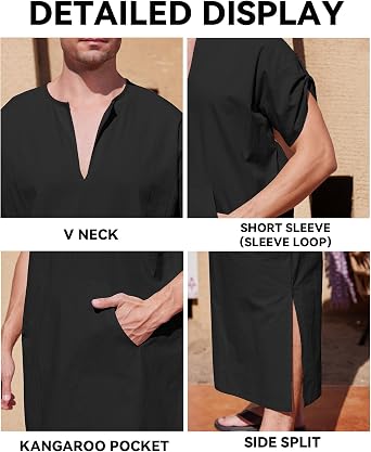 YAOHUOLE Men's Short Sleeve Kaftan Thobe Side Split Caftan with Pockets Long Gown Thobe