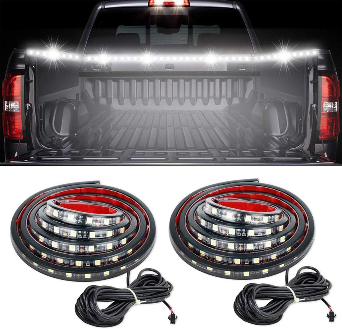 60" LED Truck Bed Light Strip, RangerRider 2PCS Waterproof Flexible High Brightness White Lighting Kit with On-Off Switch Fuse 2-Way Splitter Cable for Pickup RV SUV Vans Cargo Boats