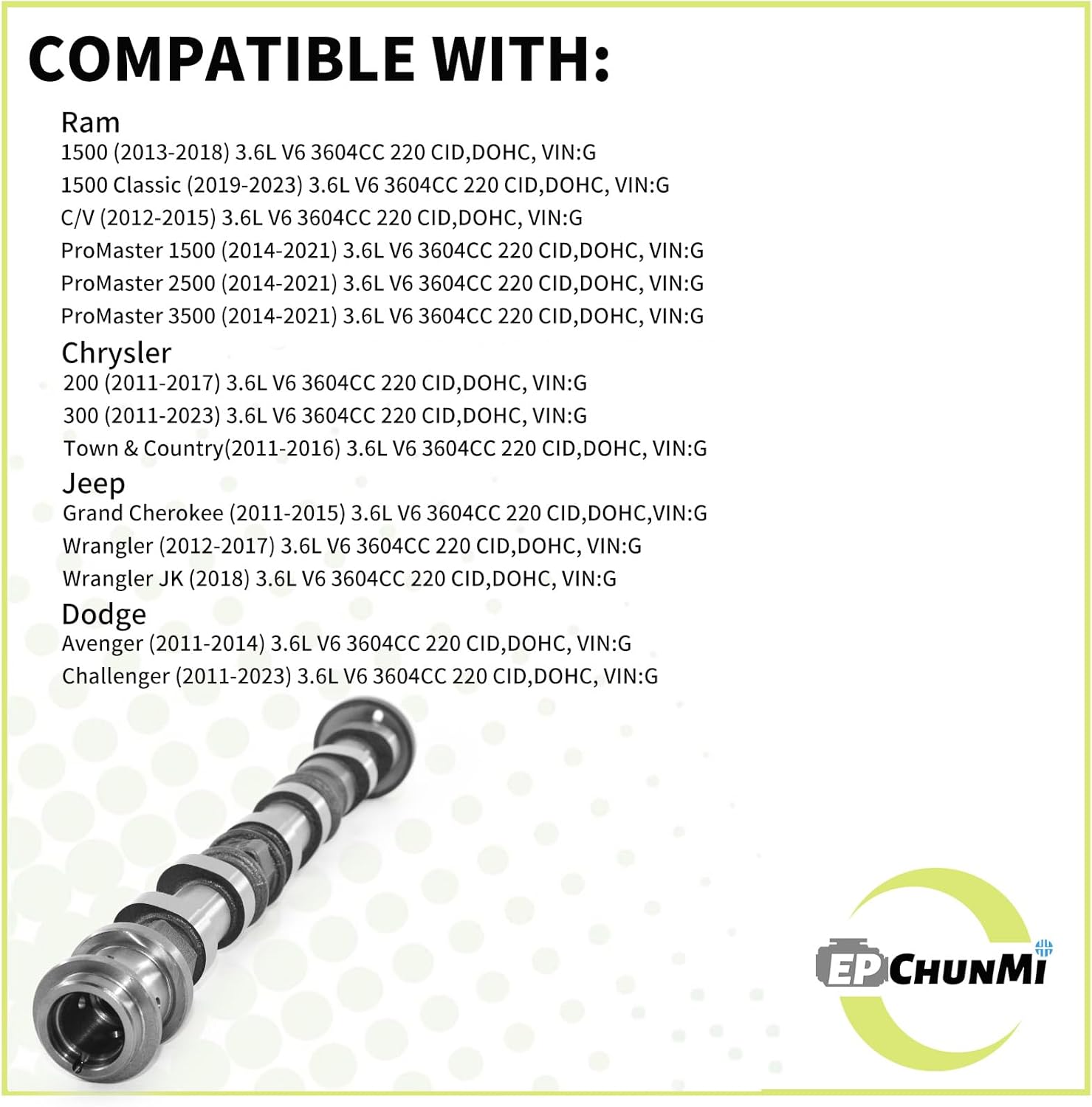 5184380AG Right Side Intake Camshaft for Jeep for Dodge for Chrysler Compatible with Ram 2011-2023 3.6L V6 Engine Replaces 5184380AF 05184380AH 5184380AD 5184380AE