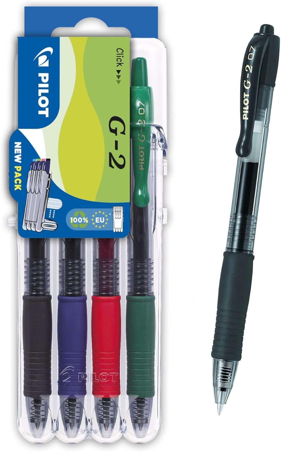 PILOT G207 Retractable Gel Rollerball 0.7mm Set to Go Pack of 4- Black/Blue/Red/Green, 2605S4E
