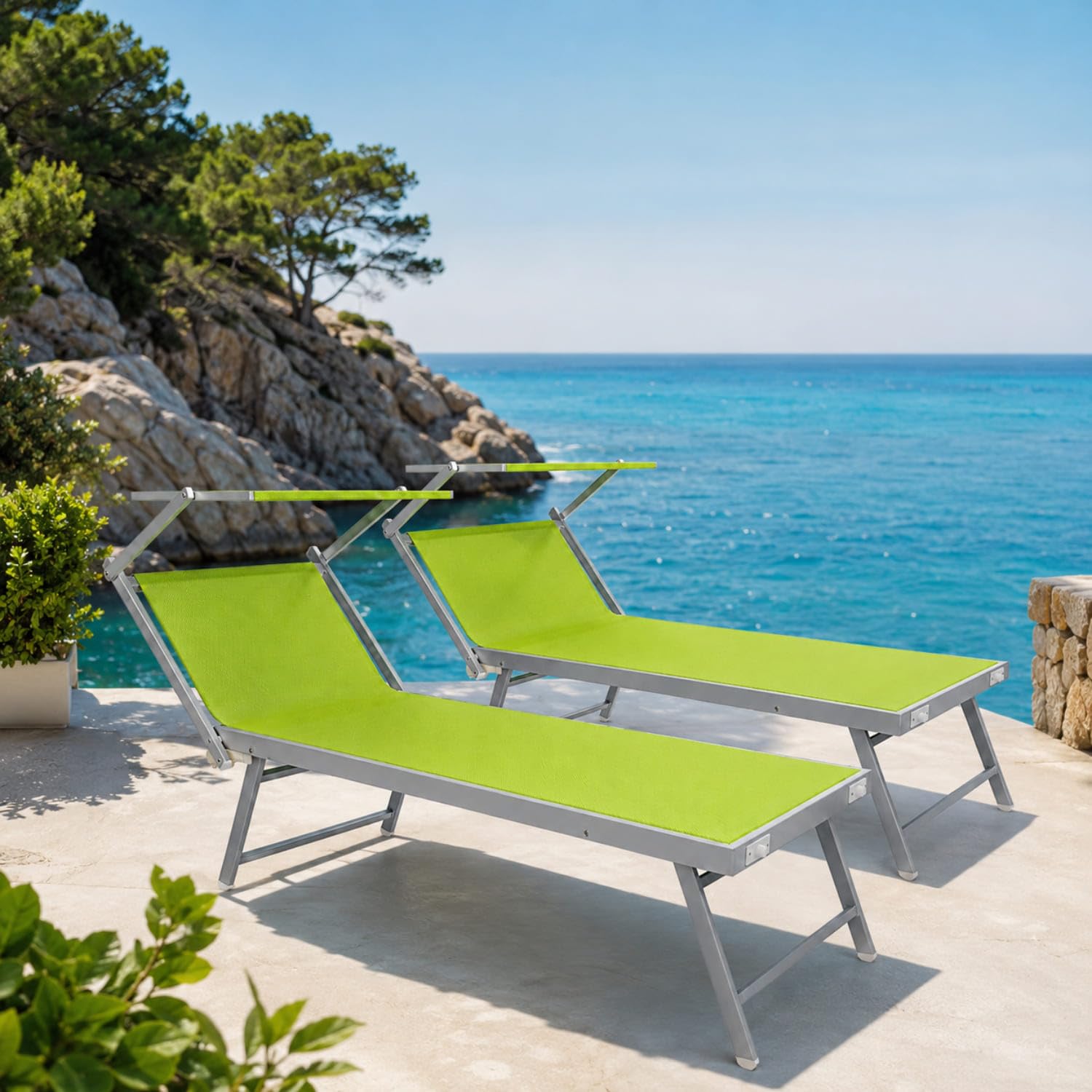 Coppia Di Lettini Prendisole Pieghevole Professionale In Alluminio Tettuccio Orientabile Tettino Parasole Sdraio Lettino Prendi Sole Mare Spiaggia Piscina Giardino 182 x 60 x 38 cm Verde Fluo