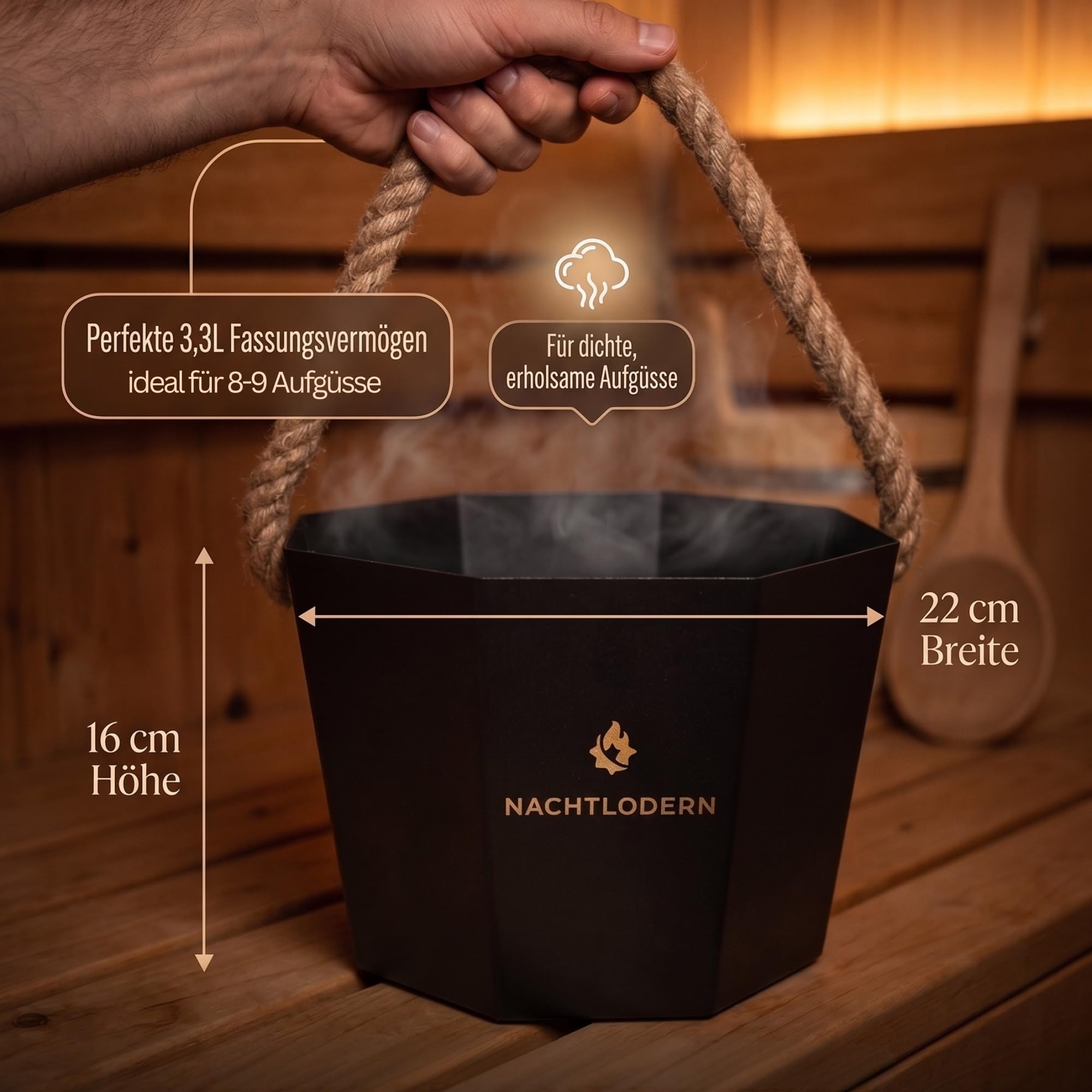 Sauna Eimer und Kelle mit Regeneffekt – Edelstahl Saunaeimer im Oktagon-Design & Saunakelle mit Regen-Funktion – Modernes Saunazubehör & Aufgusseimer Set für den perfekten Sauna Aufguss