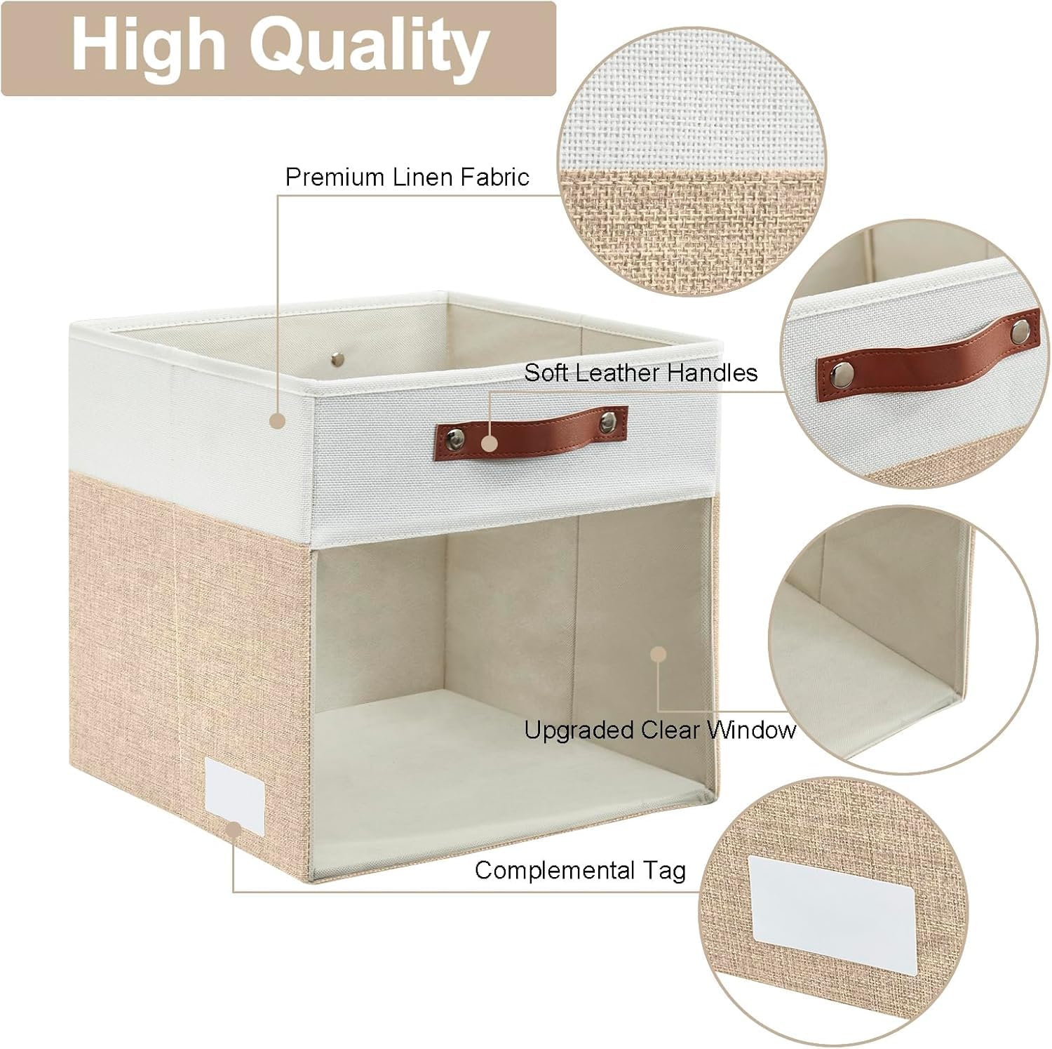 Bagnizer 4er Pack Große Faltbare Leinen Aufbewahrungsbox mit Sichtfenster | 33 × 38 × 33 cm, Faltbox mit 2 Griffen, Kallax Boxen, für Kleiderschrank und Regal, Kleidung, Spielzeug, Bücher, Beige & Weiß
