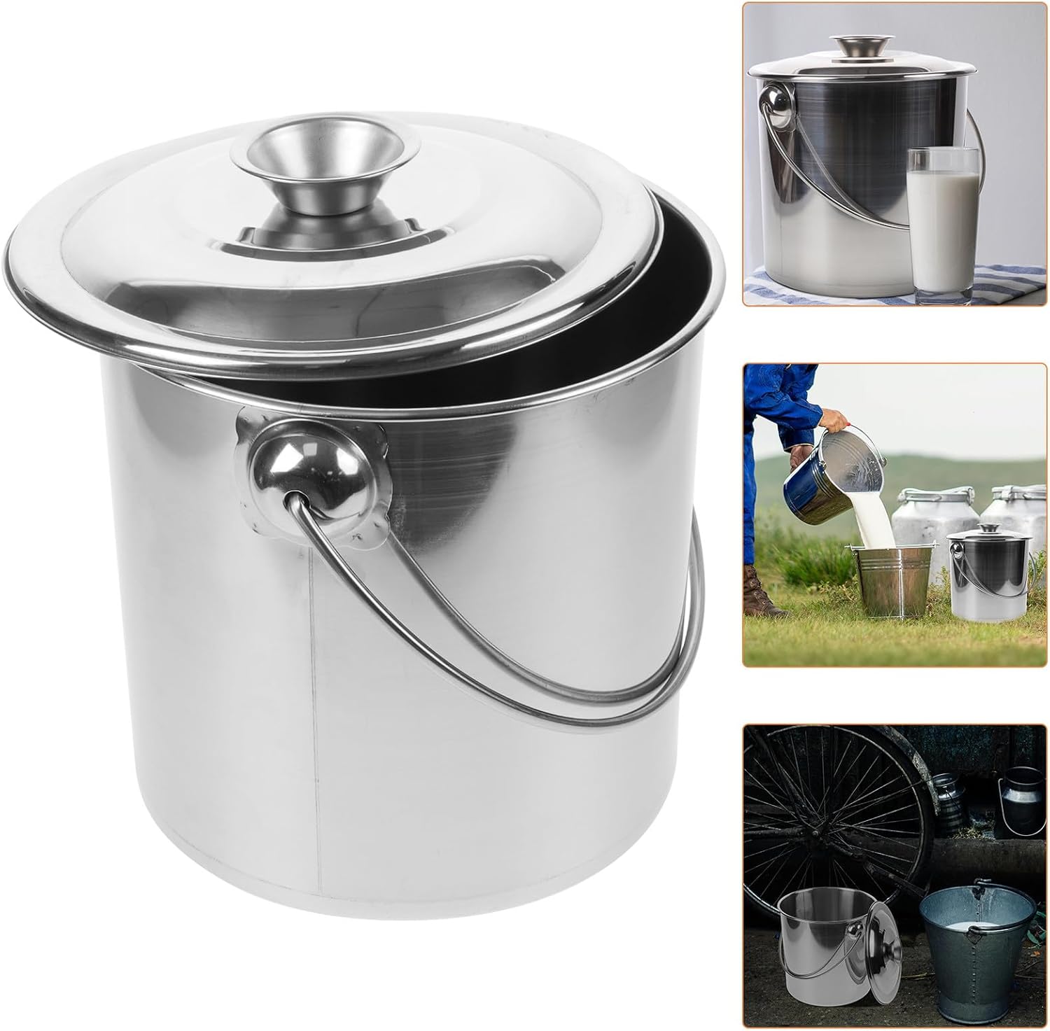 Wakauto Stainless Steel Milk Bucket with Handle and Lid, 6-liter Food Storage Container for Liquid, Oil, and Dairy Transport, Sturdy Metal Milk Pail Suitable for Kitchen and Home Use