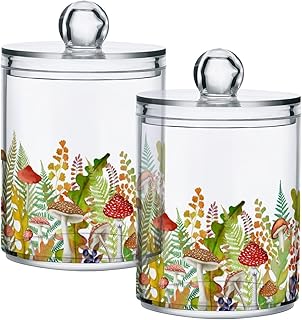 Fall Leaf Mushroom Apothecary Jars with Lids for Bathroom - 10 OZ Qtip Holder Clear Plastic Jar Storage Canister for Cotton Balls, Swabs, Makeup Organizer, 2 Pack