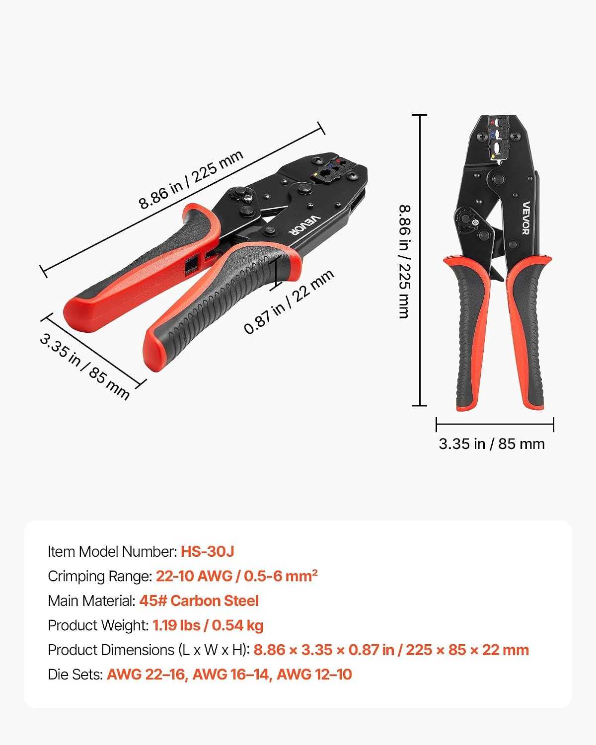 VEVOR Crimping Tool, 22-10 AWG Ratcheting Wire Crimper Tool, Labor-Saving Electrical Terminal Crimp Pliers with Clear Metric & AWG Markings, Quick Release, Adjustable Force for Multiple Terminals