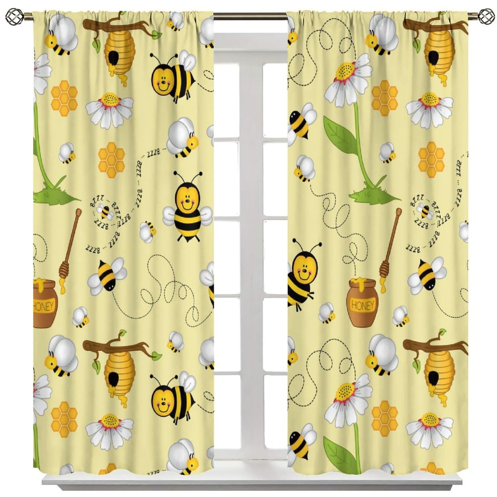 ICMOLYYENLO Bee Blackout Curtains Cartoon Flying Bees Daisy Honey Chamomile Flowers Spring Animal Print Living Room Bedroom Cafe Heat Insulation