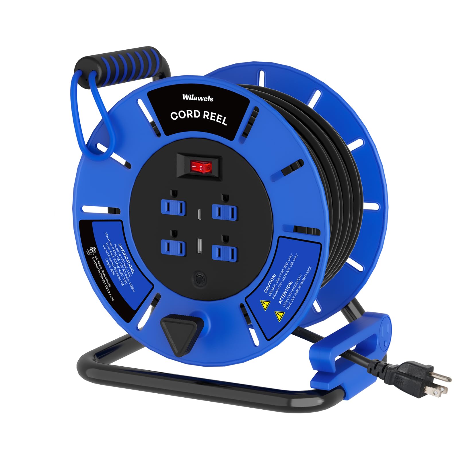 WILAWELS 80 FT Retractable Extension Cord Reel, 14AWG Heavy Duty Power Cord with 4 Grounded Outlets, USB-A & USB-C Ports, 13A 1625W, Portable Hand