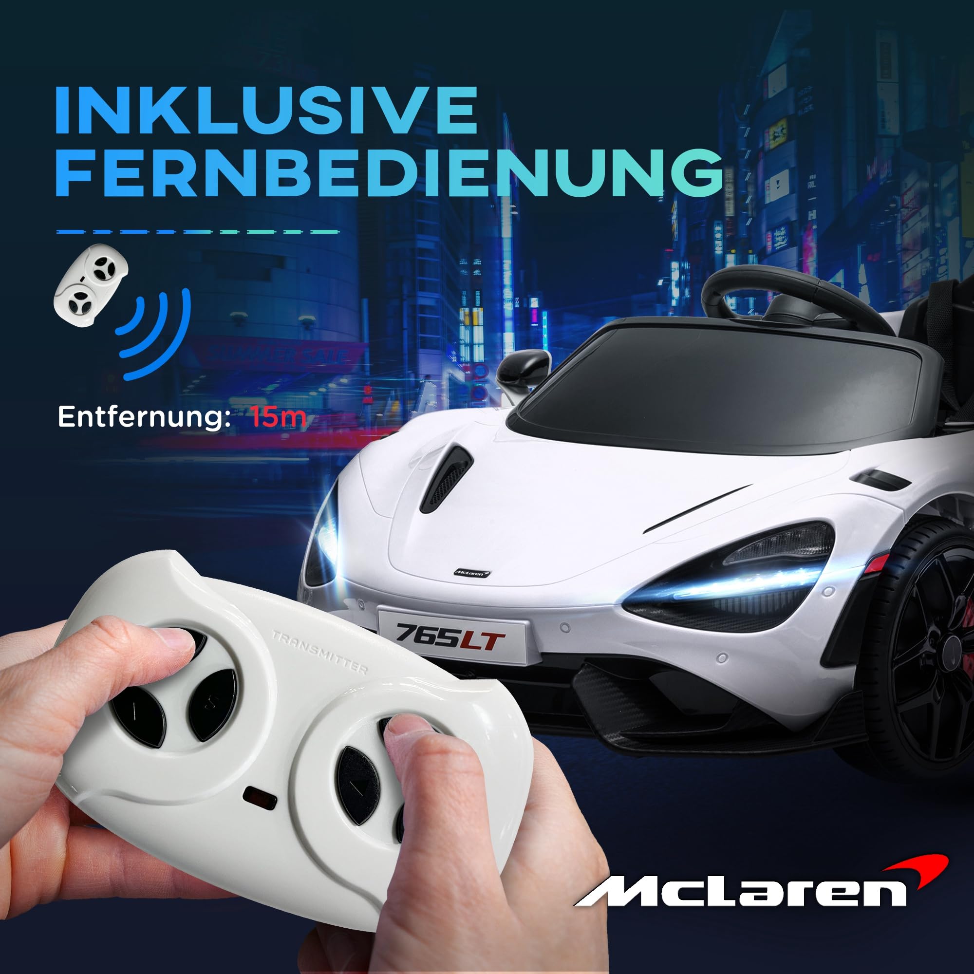 AIYAPLAY McLaren 765LT dziecięcy samochód elektryczny 12 V, pilot zdalnego sterowania 2,4 G, muzyka MP3, pojazd elektryczny z klaksonem, światłem, drzwiami skrzydłowymi, łagodnym rozruchem, 3-5 km/h