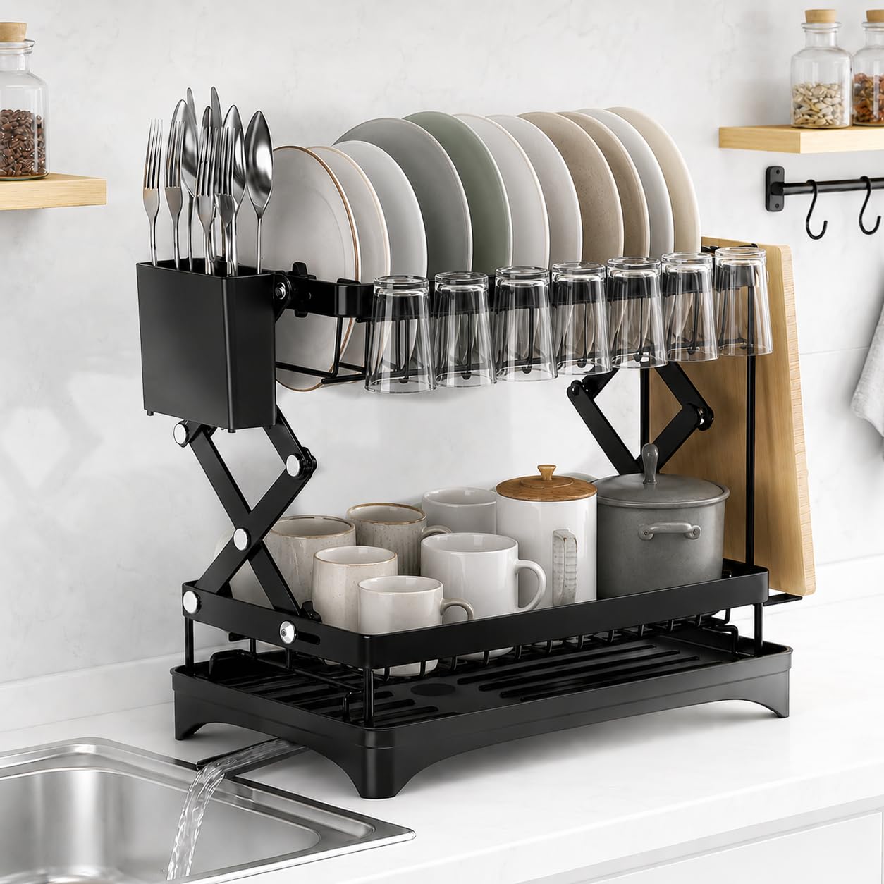 Todlabe 2 Tier Dish Drainer Rack, Foldable Dish Drying Rack with Drip Tray, Adjustable Height Sink Drainer Rack for Kitchen Counter, Utensil Holder, Chopping Board Holder & 3-Way Drain Spout, Black