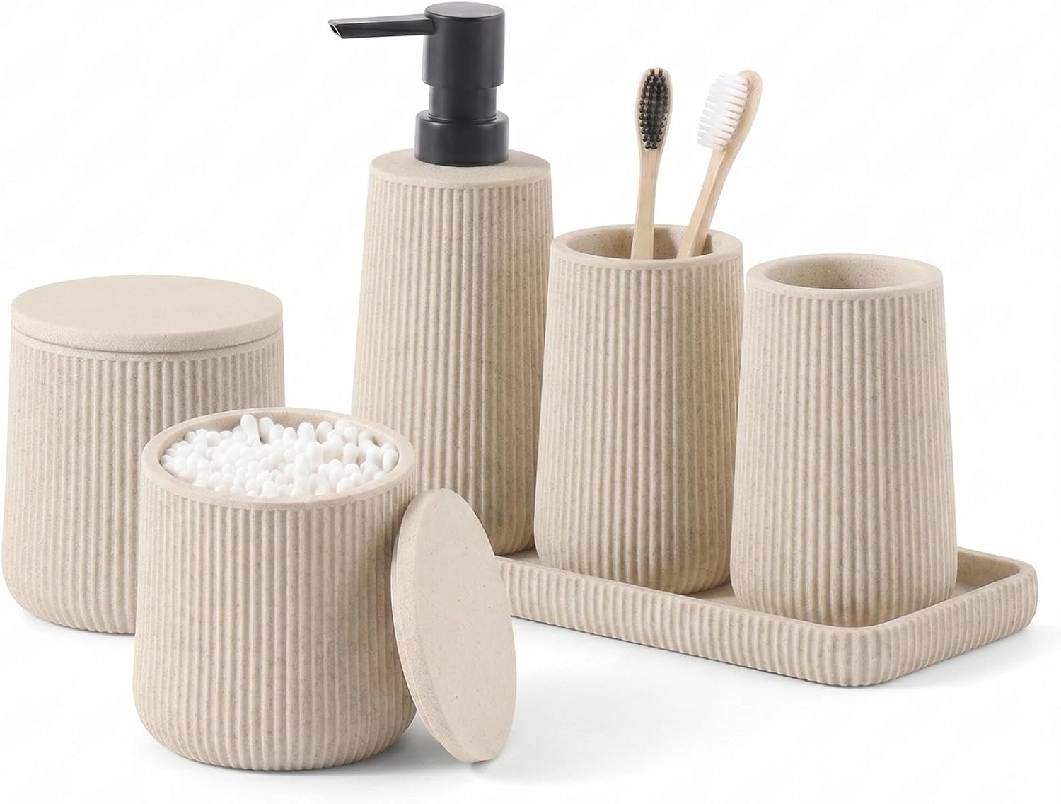 6 PCS Bathroom Accessories Set, Beige Stripe Bath Organizer for Home Decor