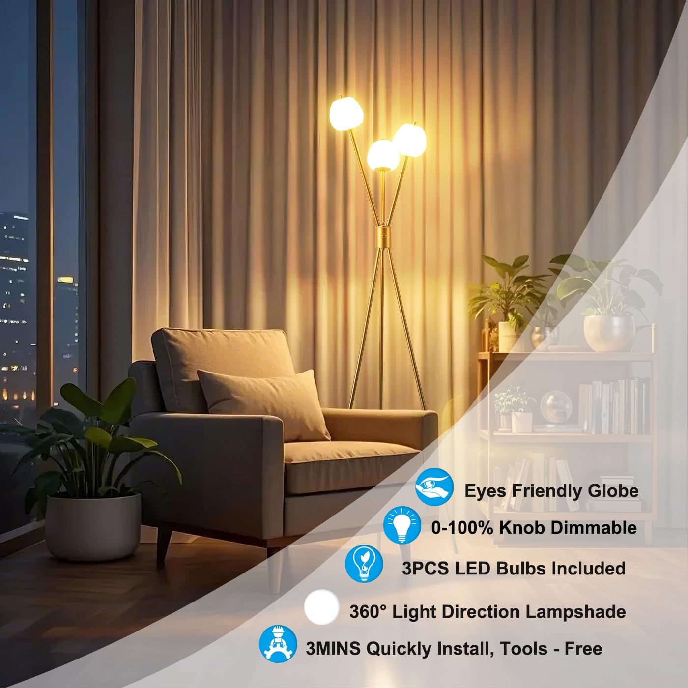 Fiqevs Dimmable Tripod Floor Lamp for Living Room, 3 Globe Modern Gold Floor Lamp with Elegant Frosted Sphere Glass Shade and LED Bulbs, Standing Tall Lamp for Bedroom, Office - Antique Brass