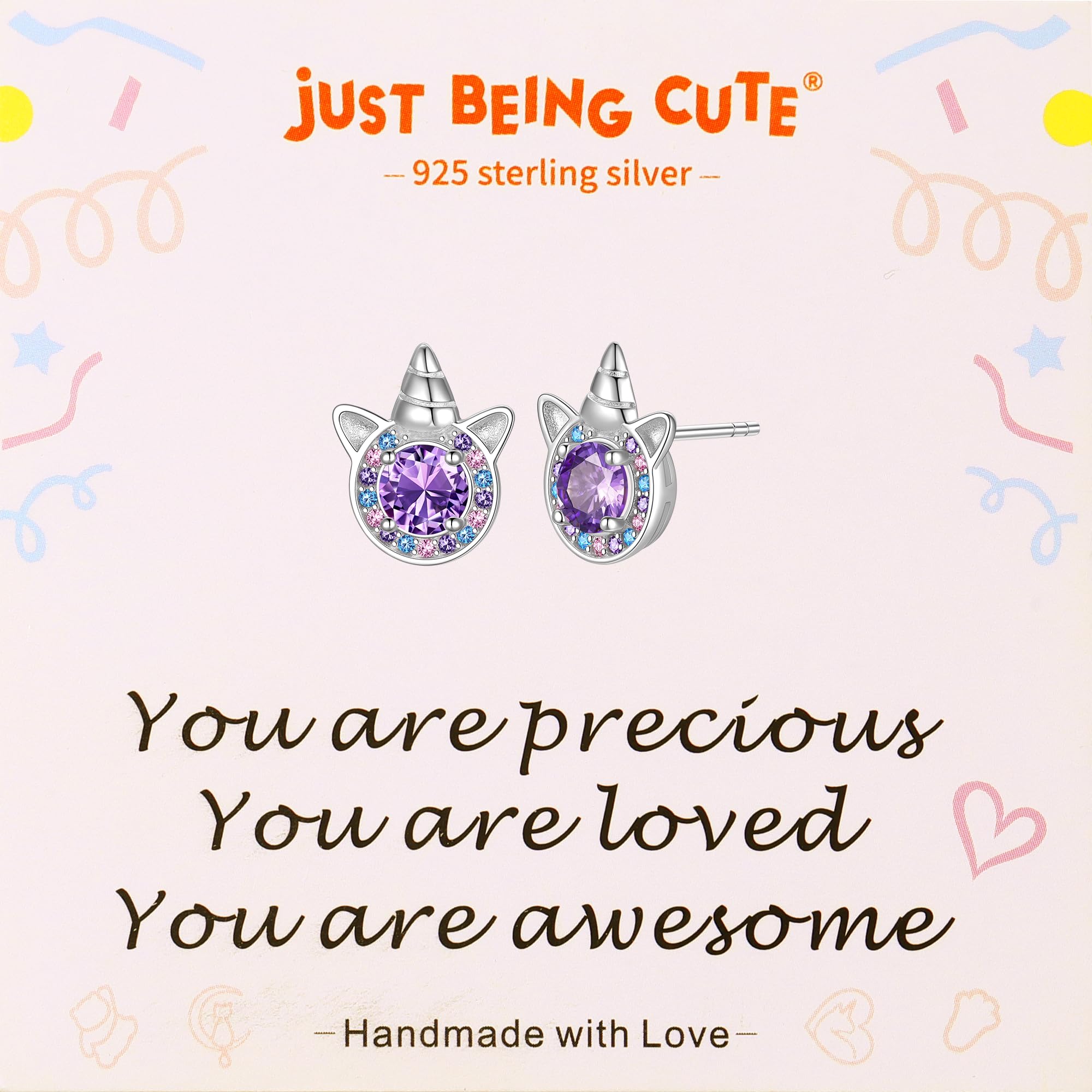Birthstone Earrings for Girls, 925 Sterling Silver Stud Earrings for Women, Unicorn Gifts for Girls, Cubic Zirconia Studs Earrings, Unicorn Birthday