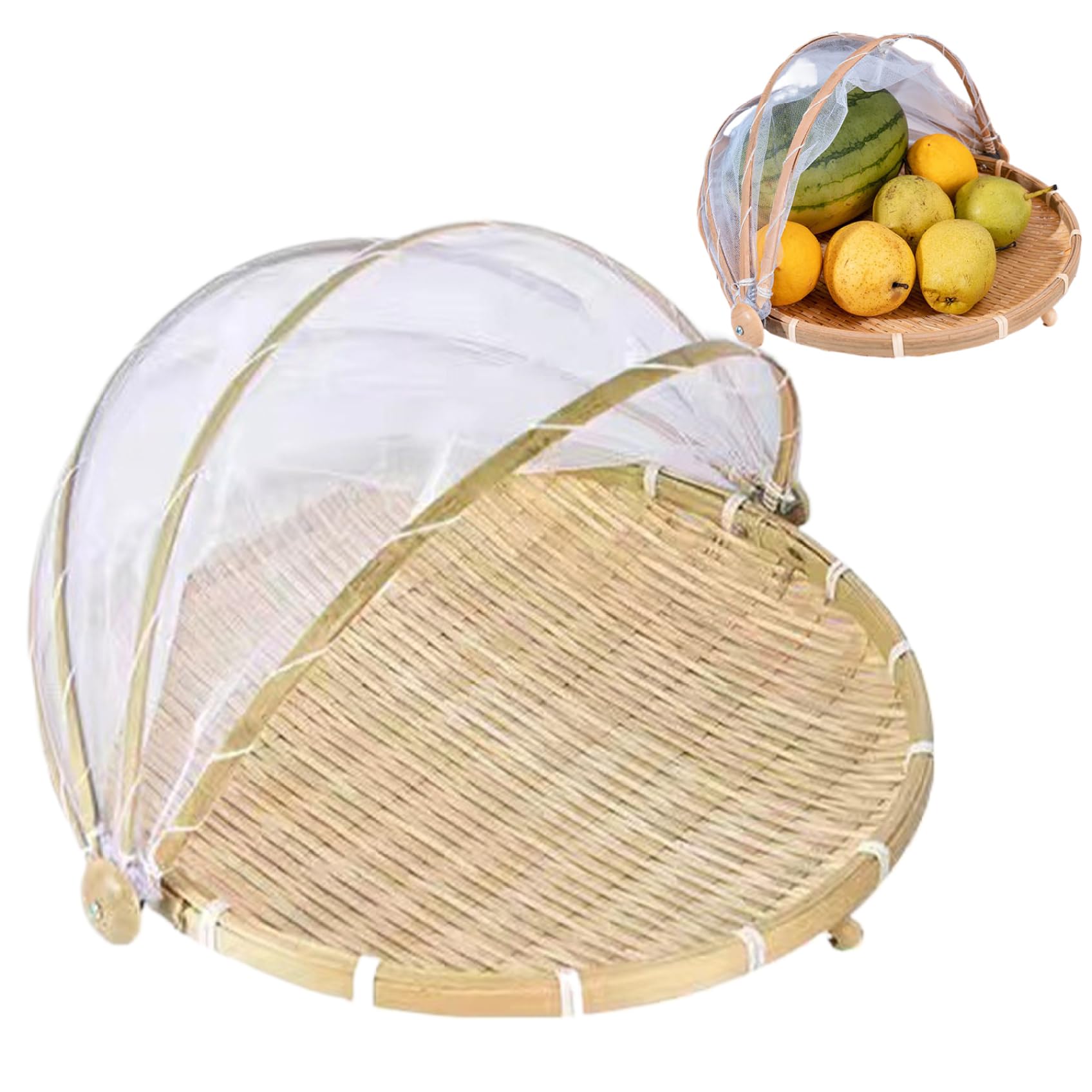 Perodlly Bamboo Basket, 14.2x9.8 Dustproof Fruit Basket with Cover, Visible Brethable Mesh Food Covers, Portable Round Food Tent for Vegetable Fruits Bread ..