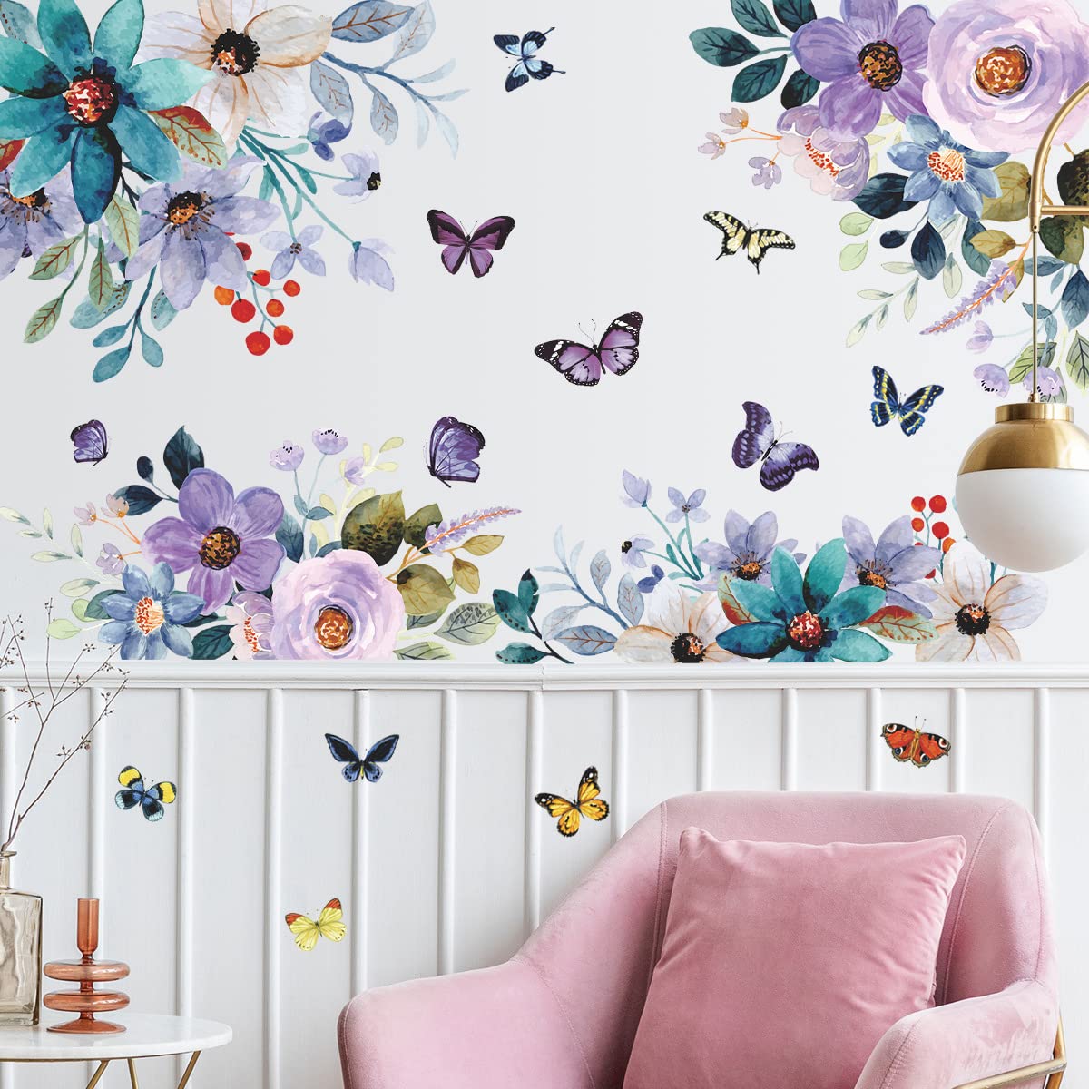 LiveGalleryWatercolor Blue Purple Flowers Wall Stickers Color Painting Rose Wall Decals DIY Vinyl Peel and Stick Butterflies Flora Mural for Girls