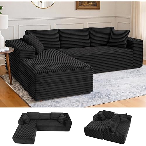 LUCKLIFE Modular Sectional Couch with L-Shape Chaise,Corduroy Upholstery Boneless Couches for Living Room,Oversized Sleeper Sofa,No Assembly Required (Black, L Shape with Left Facing Chaise)