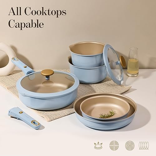 Miniatura 7 de CAROTE Juego de 18 ollas y sartenes antiadherentes, juego de utensilios de cocina con mango desmontable, juegos de utensilios de cocina de