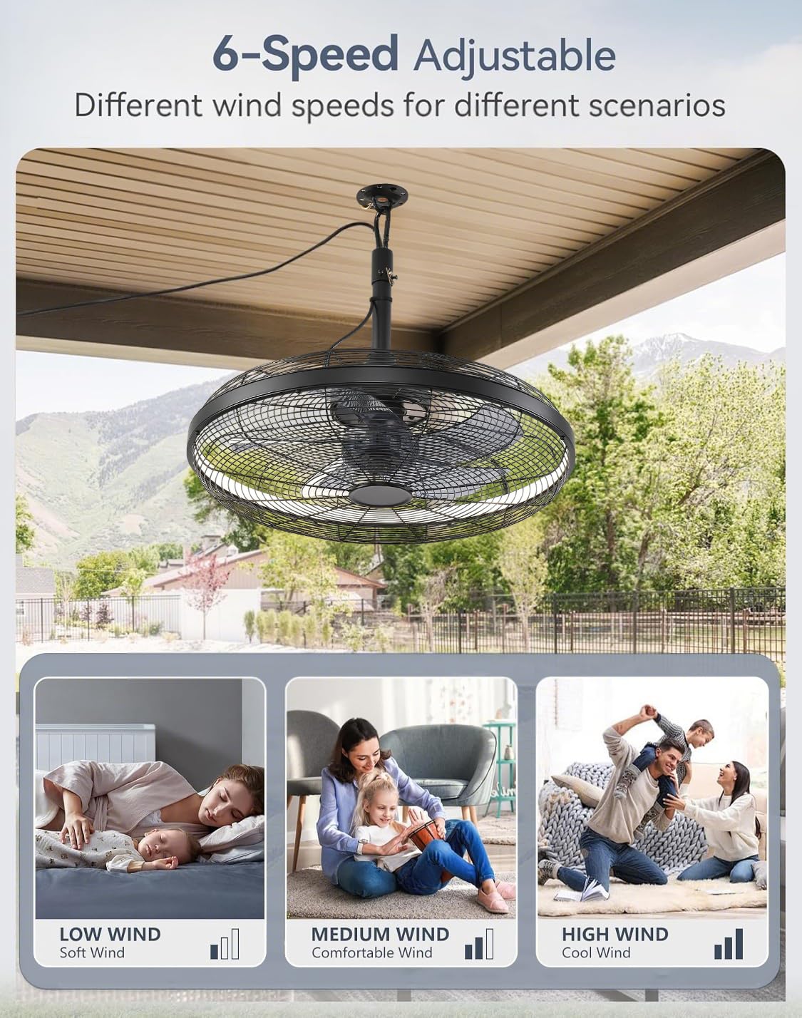 Outdoor Deckenventilator mit Beleuchtung und Fernbedienung IP65 Wasserdicht Aussen Ventilator Deckenlampe Leise Dimmbar Lampe mit Ventilator 6 Gang Lüfterlicht für Schlafzimmer Balkon Außen