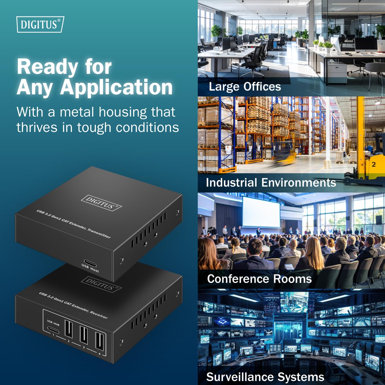 DIGITUS Ekstender USB 3.2 Gen1 przez Ethernet – 4-portowy hub USB – 3x Typ A, 1x Typ C – Zasięg 100 m z kablem sieciowym Cat 6 – 5 Gbps – Czarny
