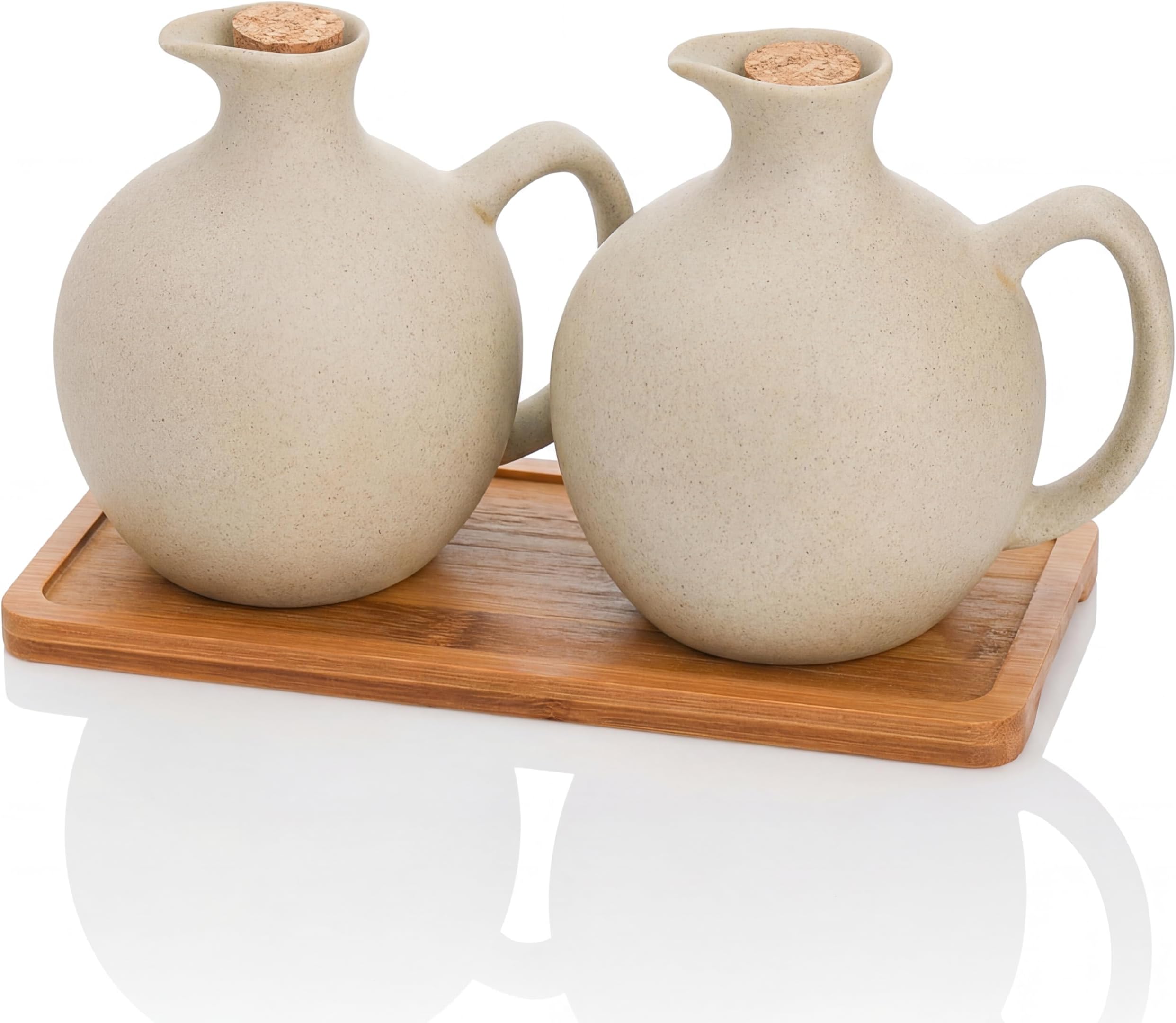 Elsjoy Set of 2 Ceramic Oil Vinegar Dispenser with Cork and Tray, 15 Oz Tabletop Oil Bottles Soy Sauce Jar, Decorative Olive Oil Stoneware Holder Vinegar Container for Kitchen