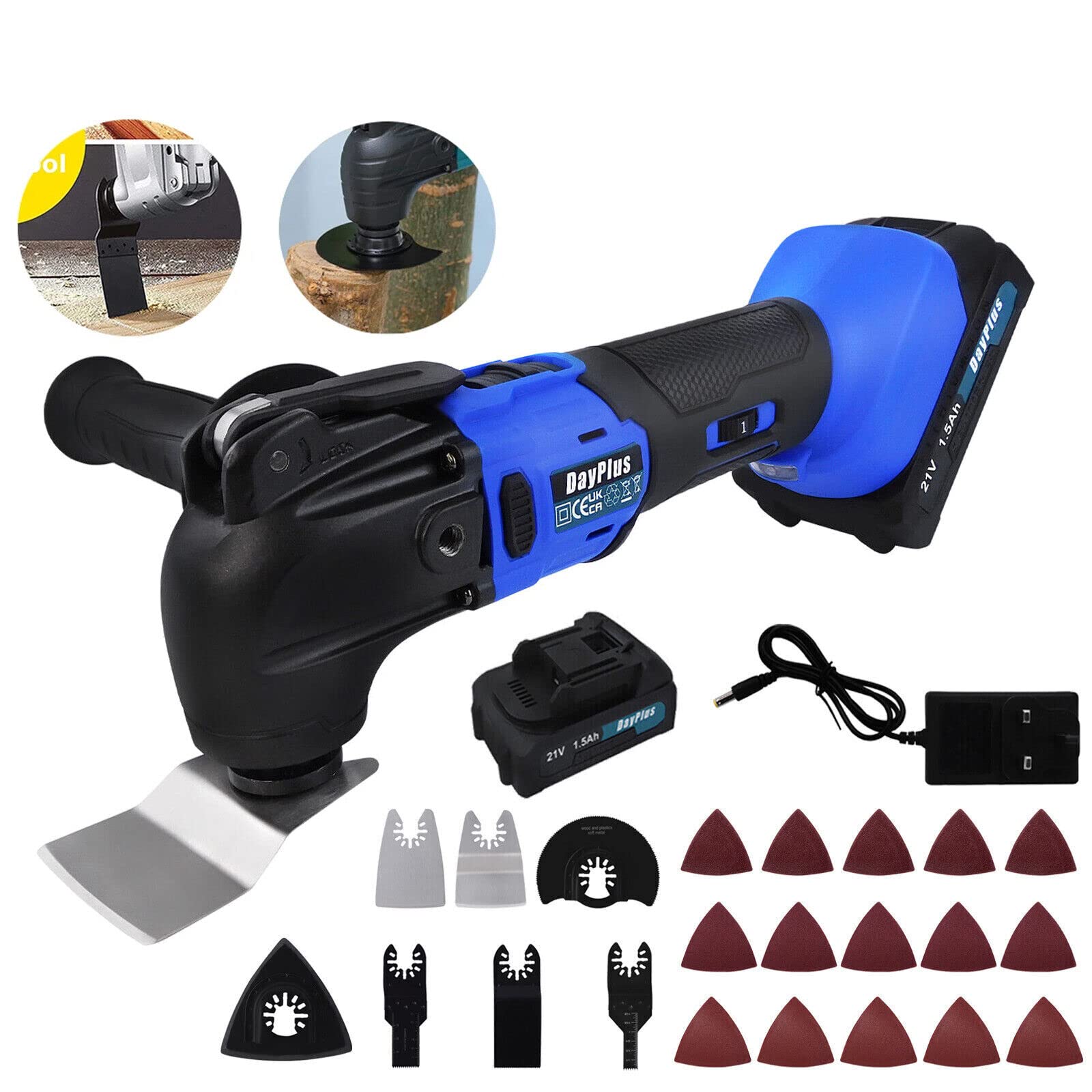 Akku Multi Tool Oszillierende Schleifmaschine Cutter Scraper Schleifmaschine Akku Set 300W Oszillierende Multi Tool mit Zubehör Kit,6 Speed Oszillieren, 4° Oszillationswinkel