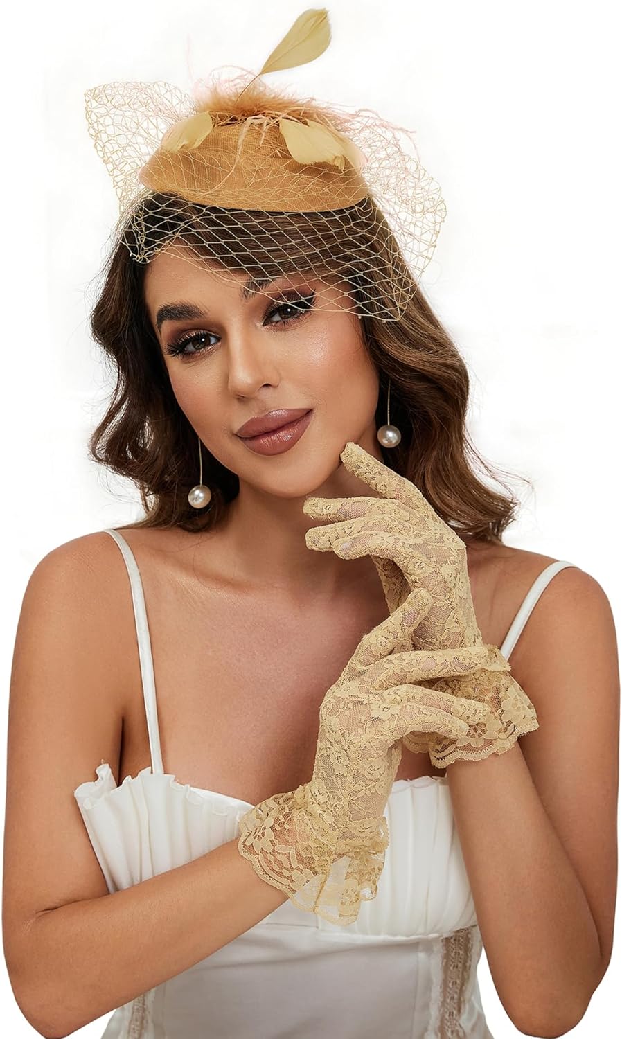 20s 50s Pillbox Derby Fascinator Hat Veil Feather Fascinators Hair Clip Wedding Tea Party Hat and Short Lace Gloves for Women