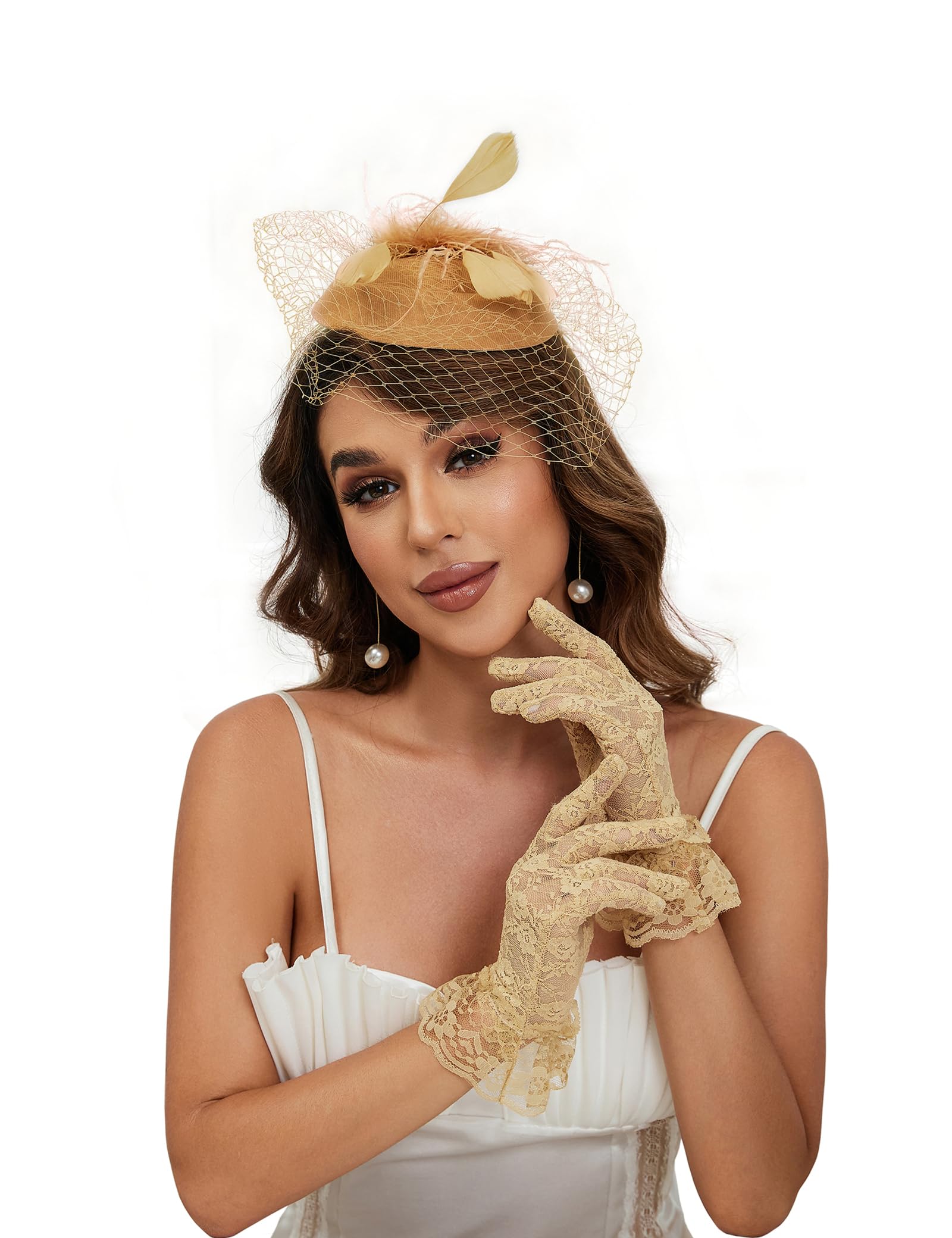 Photo 1 of ***USED***20s 50s Fascinators Hats a Headband and a Clip Cocktail Tea Party Headwear with Veil and Short Lace Bowknot Gloves for Women?106 Brown?