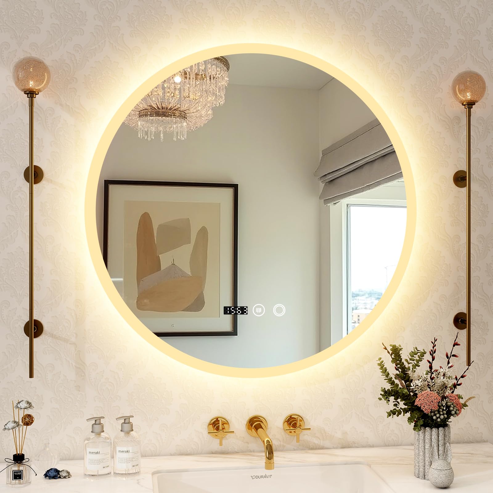 YU YUSING Specchio Bagno Rotondo con Luce LED 70cm, Specchio da Parete Retroilluminato Bagno, 3 Colori di Luce, Luminosità Regolabili, Interruttore Touch, Antiappannamento, Display Dell'Ora, IP44