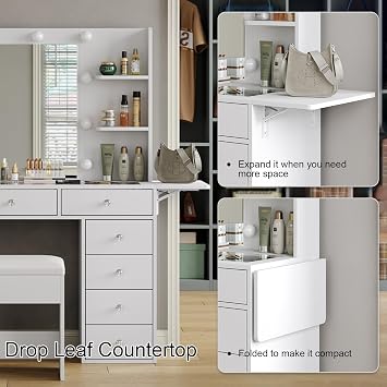 FUSOU 11 Drawers Dressing Table, Vanity Desk with Power Outlet & Lighted Mirror, Vanity Table with 4 Shelves & Fold-up Panel, 3 Color Modes, Makeup table with Chair for Bedroom, White