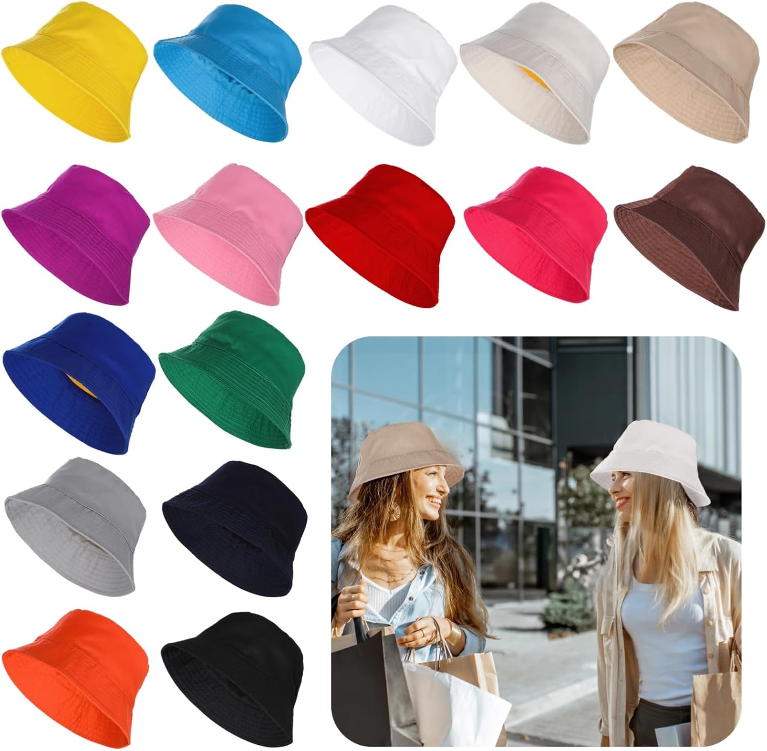 16 Pcs Bucket Hats Bulk - Fisherman Sun Hats for Men and Women, Unisex Solid Color Bucket Caps, One Size Fits All, Outdoor Fishing Hats for Sports, Travel, Leisure Activities