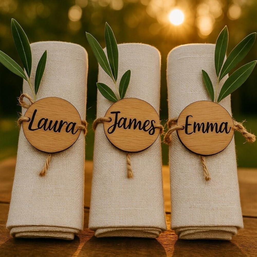 Rond De Serviette en Bois Personnalisé avec Nom, Marque-Place Gravé for La Table Réception, Étiquette Circulaire Naturel Décoration Corde Chanvre for Mariage, Anniversaire, Noël(100pcs)