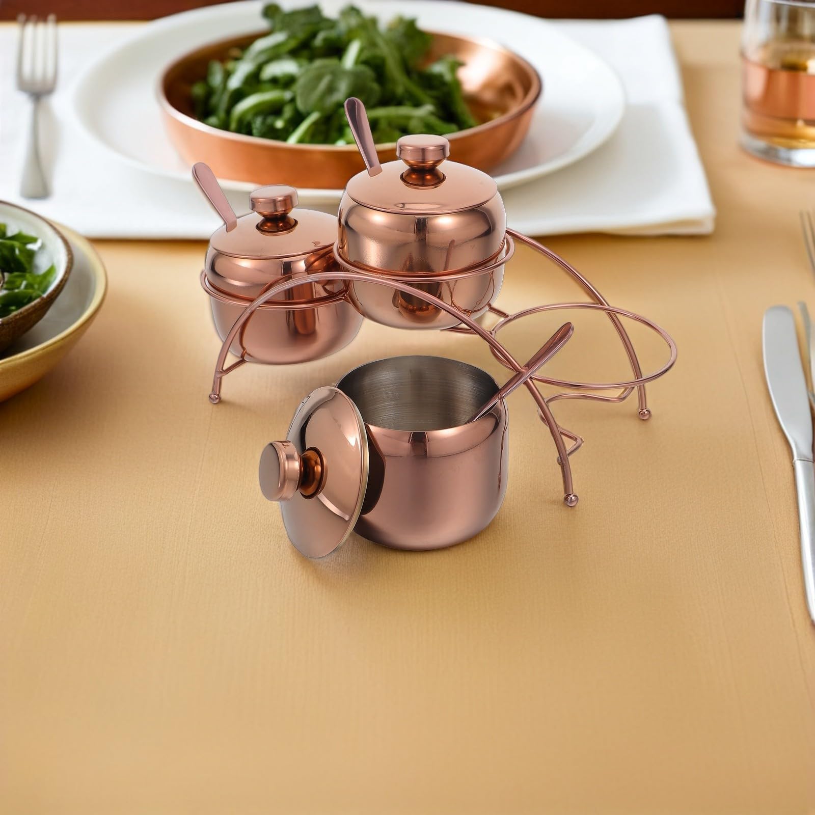 Juego de Recipientes para Condimentos de Acero Inoxidable con Tapa y Cuchara, Organizador de Especias con Bandeja Escalonada y Soporte Metálico para Barbacoas y Cocina