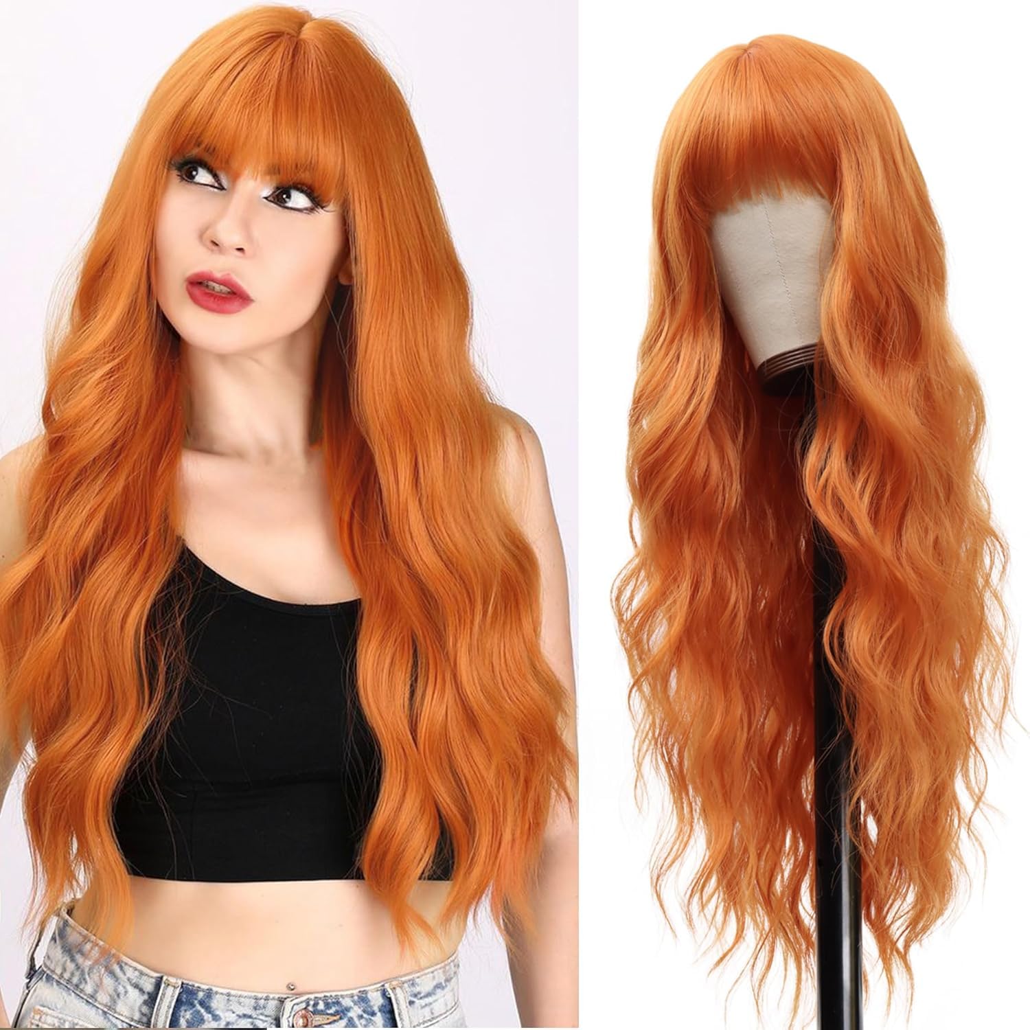 Women\'s Orange Heat Resistant Long Curly Wavy Synthetic Wig with Bangs Size 26In Women main image 4